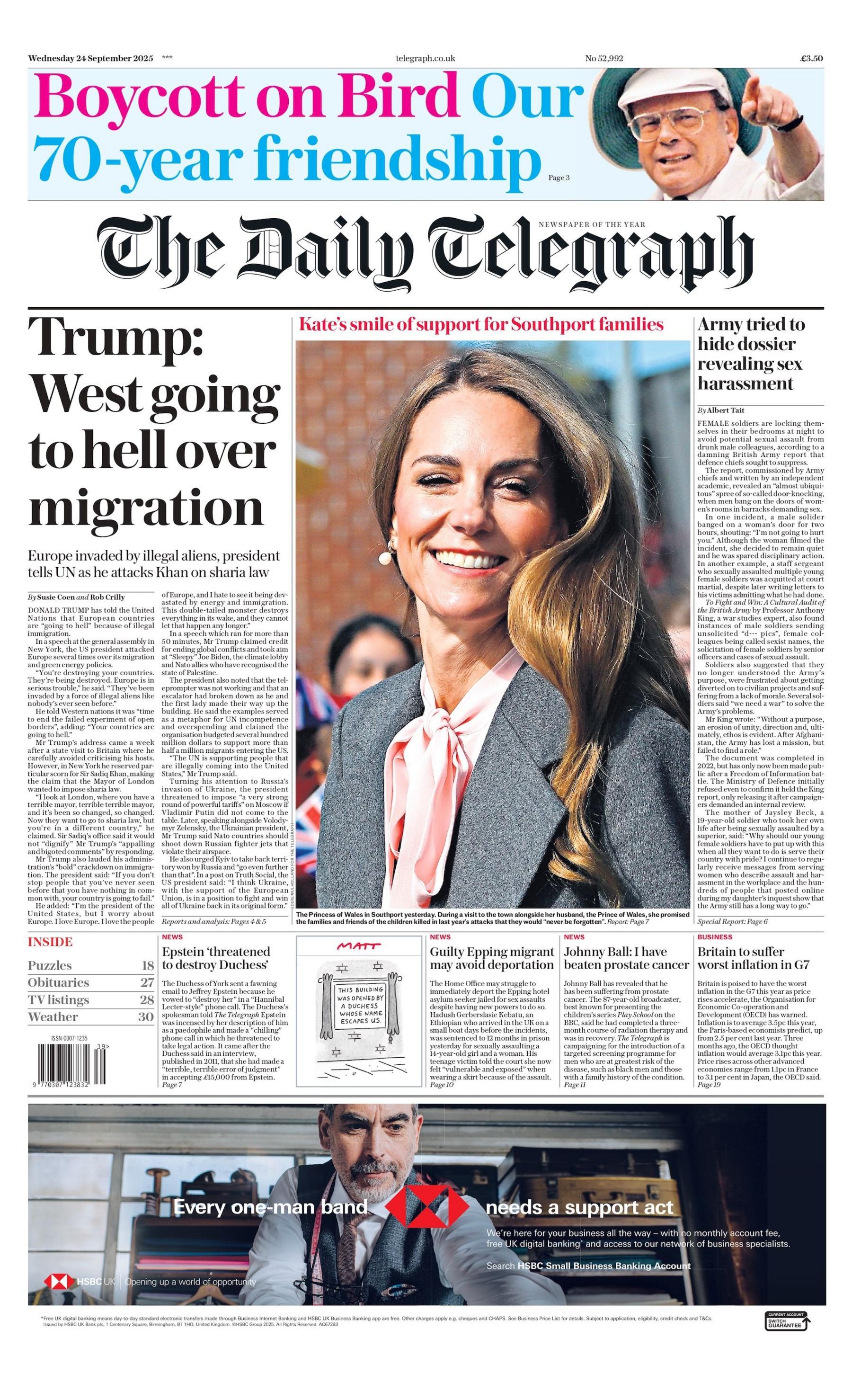 "Trump: West going to hell over migration" reads the headline on the front page of The Daily Telegraph.