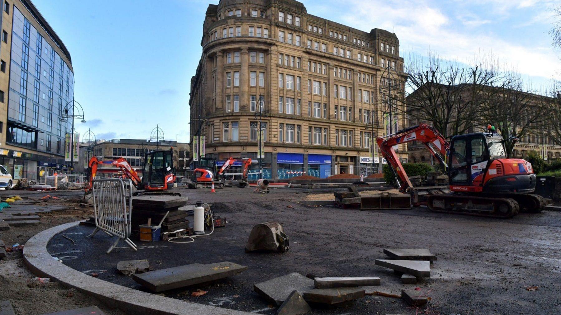 Construction vehicles in Norfolk Gardens area of Bradford citry centre