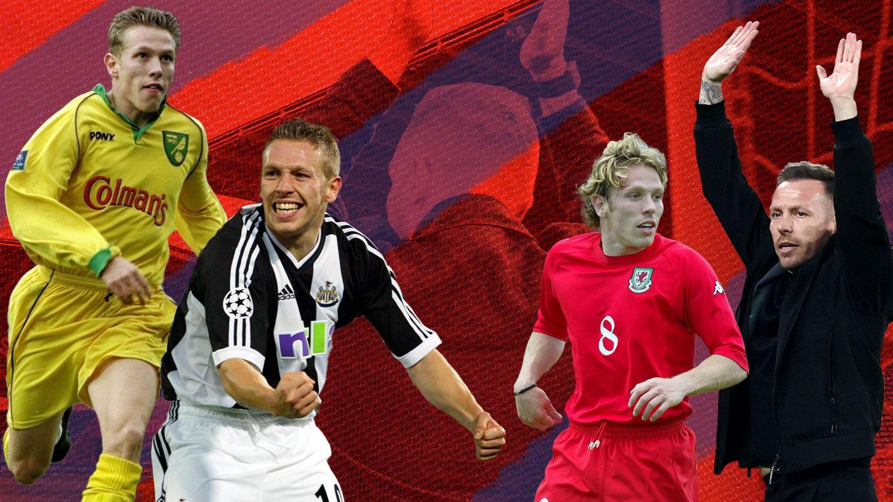 A collage of Craig Bellamy playing for Norwich, Newcastle and Wales, and managing his country