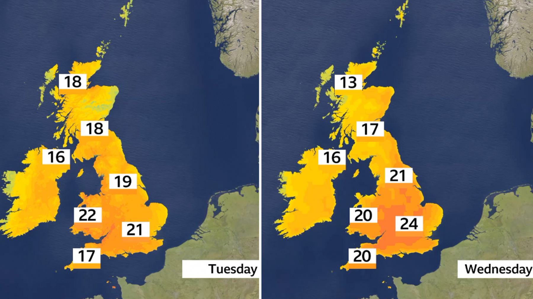 Two temperature charts for the UK. On the left, Tuesday showing temperatures rising to 18 to 22C. On the right, Wednesday showing temperatures ranging from 13C in north-west Scotland to 24C in south-east England.