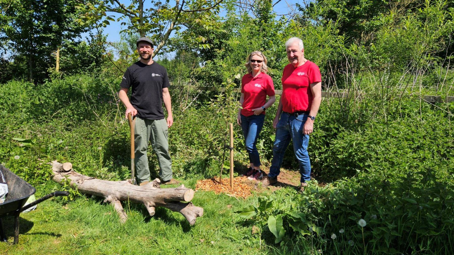 A woman and a man wearing red t-shirts and blue jeans stand near an area of vegetation while a man in a black top with green trousers stands next to a log while holding a spade.