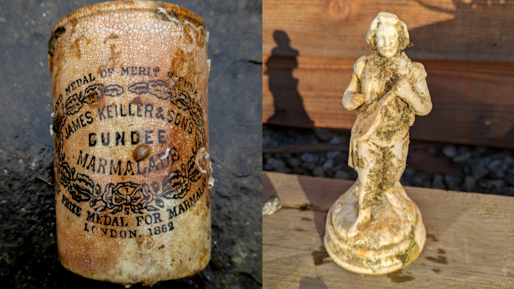 Jar of marmalade with barnacles and a white statue of a person with seaweed on it