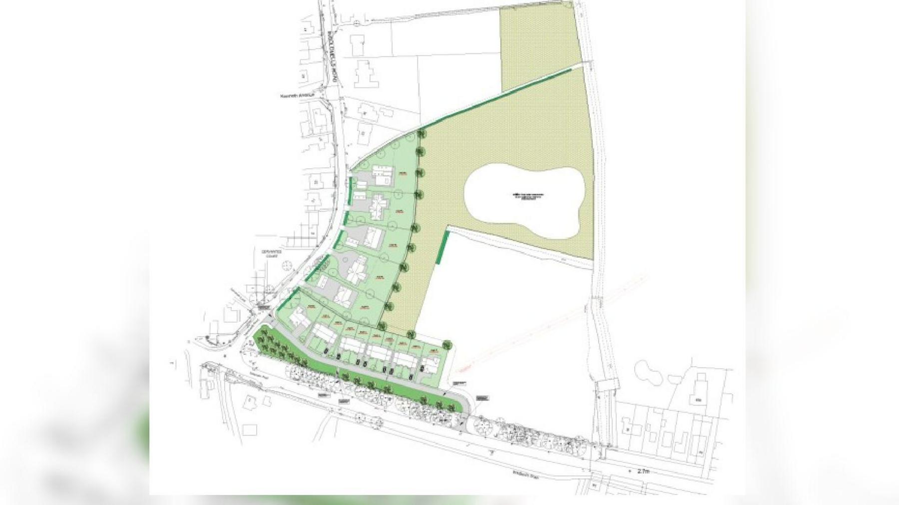 A planning drawing of the houses on the building site showing the new access road and wildlife ponds.