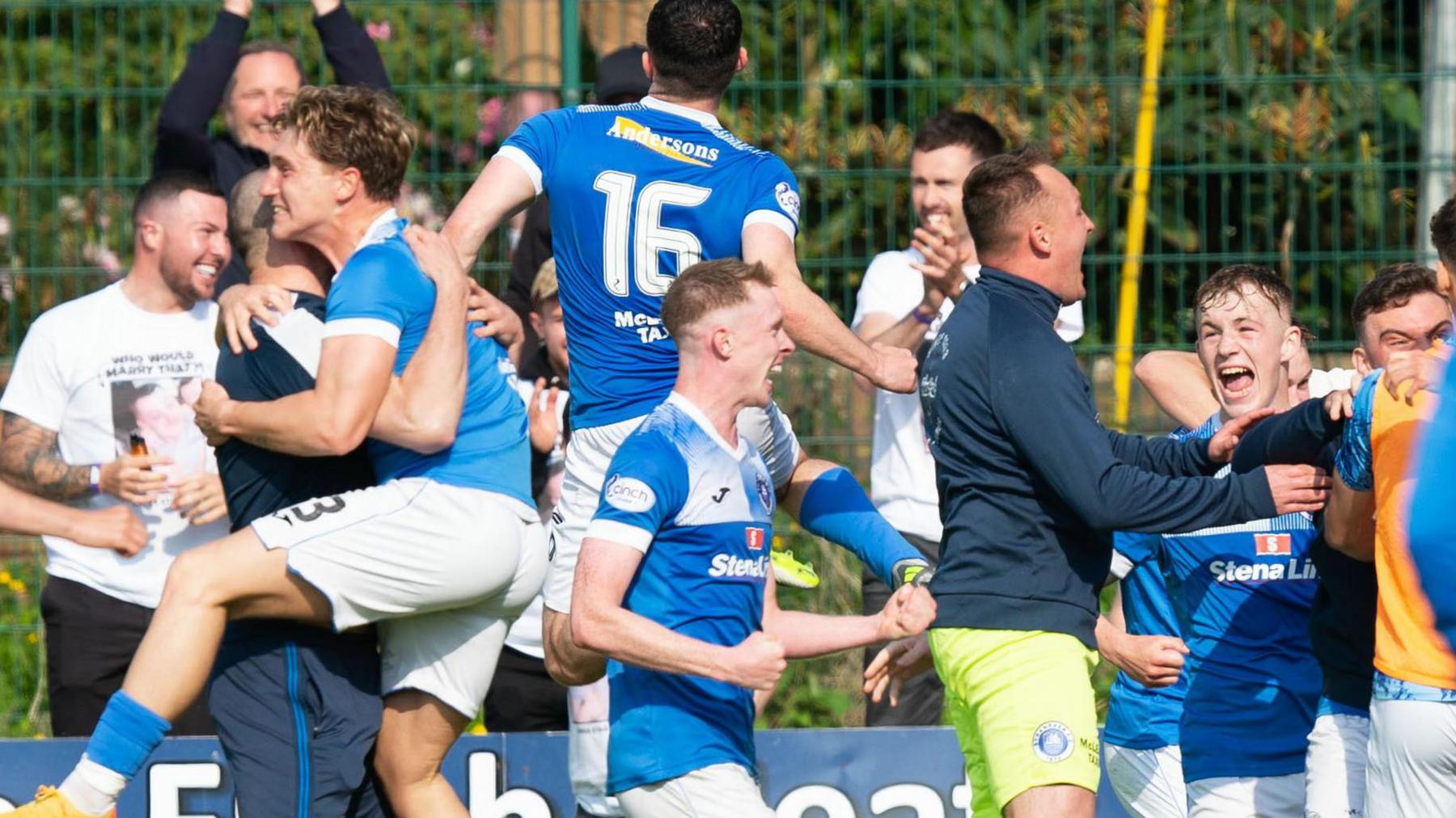  Stranraer players celebrate Criag Ross' goal, making it 2-1 during a cinch League Two play-off final second leg match between Stranraer and East Kilbride at Stair Park