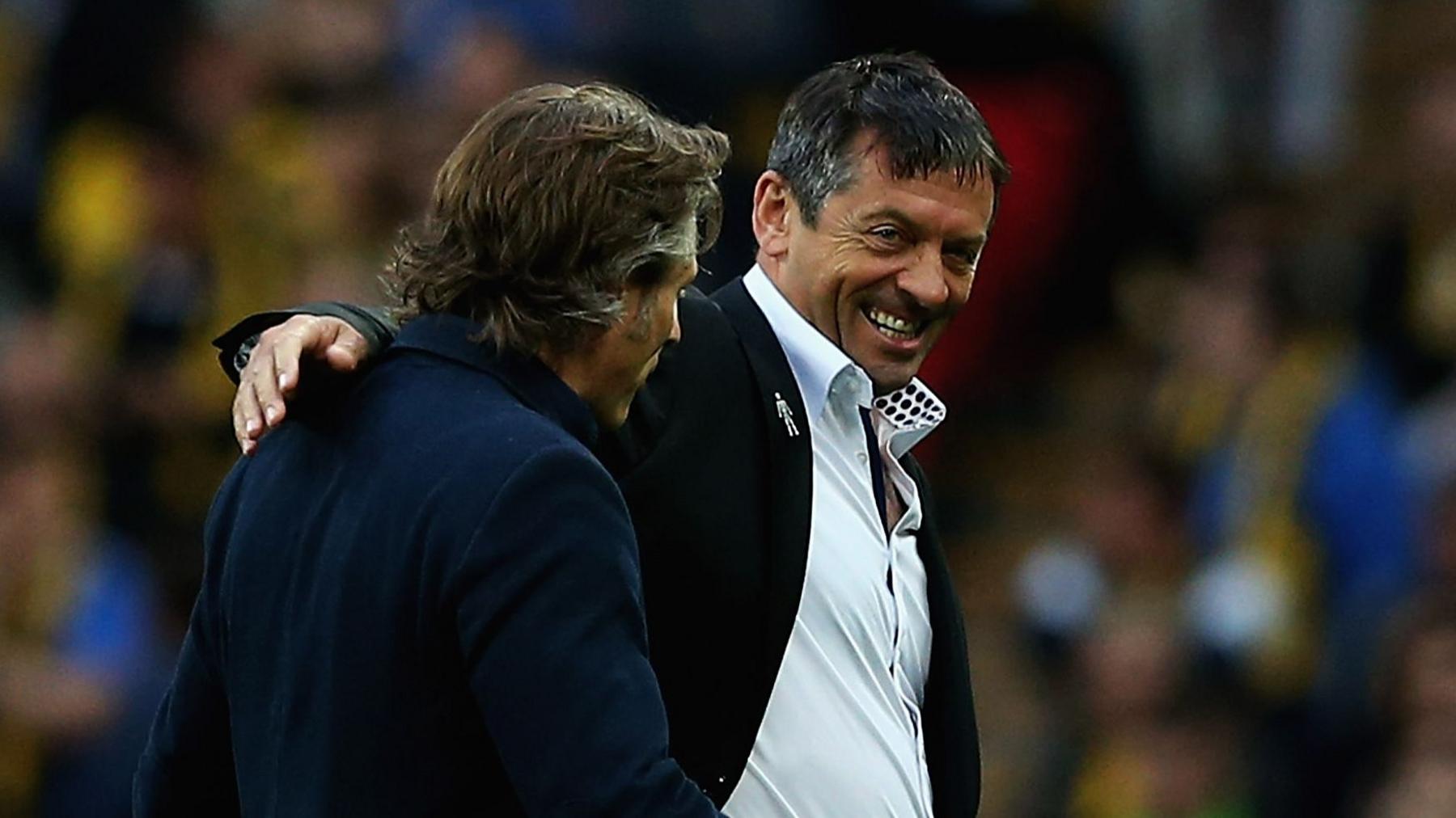 Hull City boss Phil Brown (right) with Wycombe Wanderers boss Gareth Ainsworth at Wembley in 2015