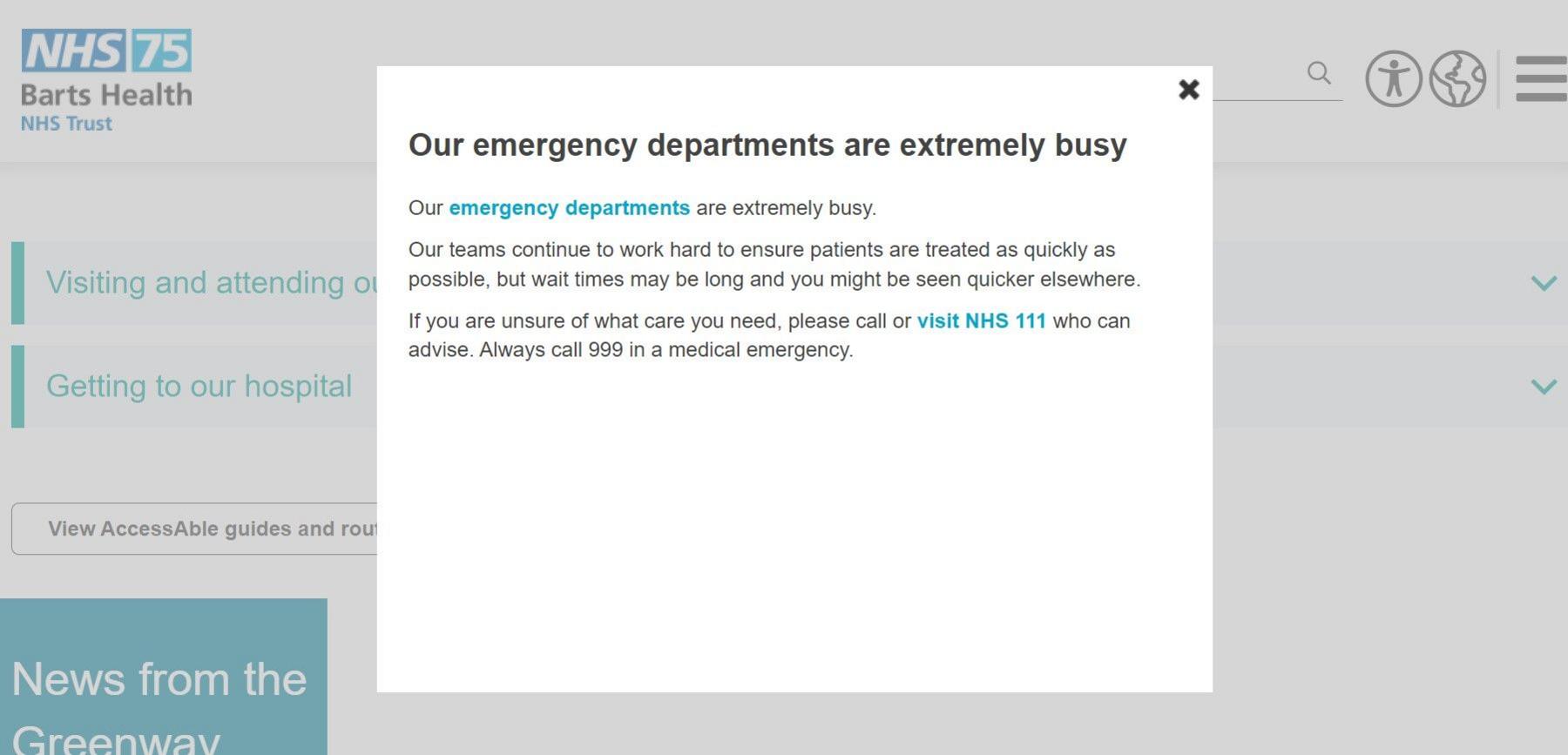 Warning from Newham Hospital website telling people its services are very busy