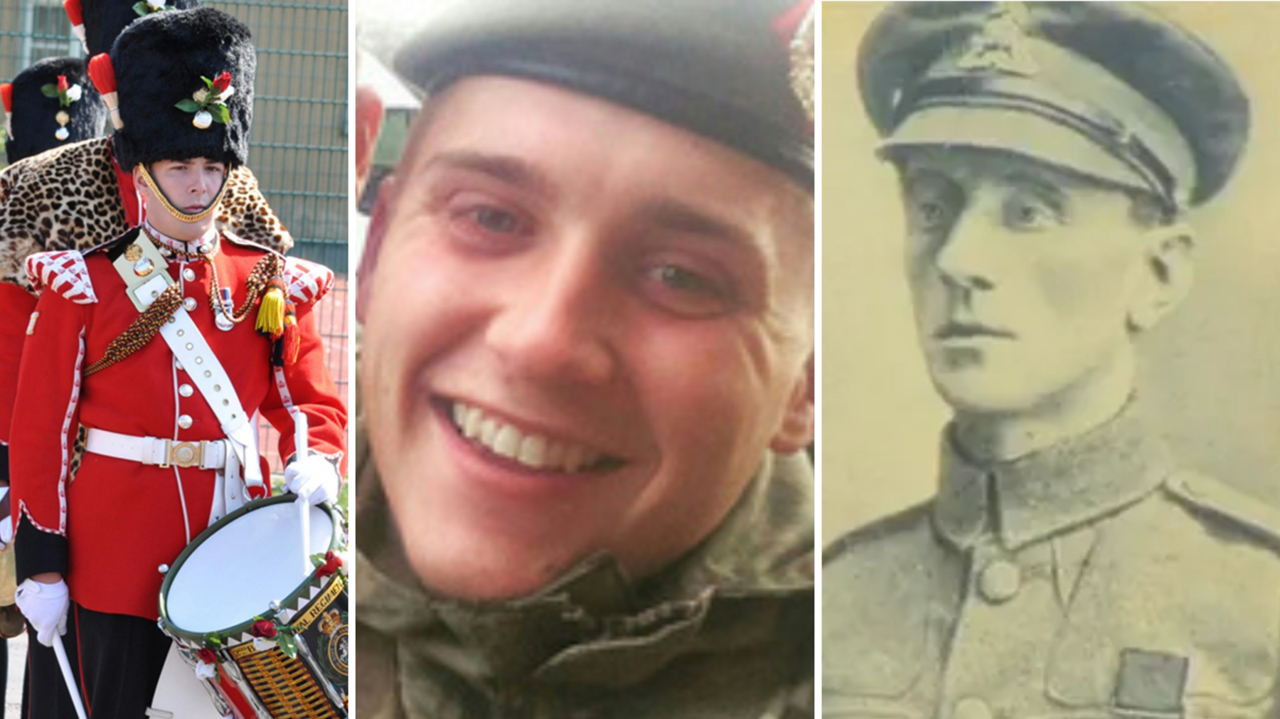 A composite of three soldiers. The first image shows Fusilier Lee Rigby in his red and black uniform, playing a drum. Next to him is a photo of Lance Corp Scott Hetherington smiling. He is wearing a green beret and uniform. The final photo is a black and white image of Corp Joel Halliwell in his military cap and uniform.