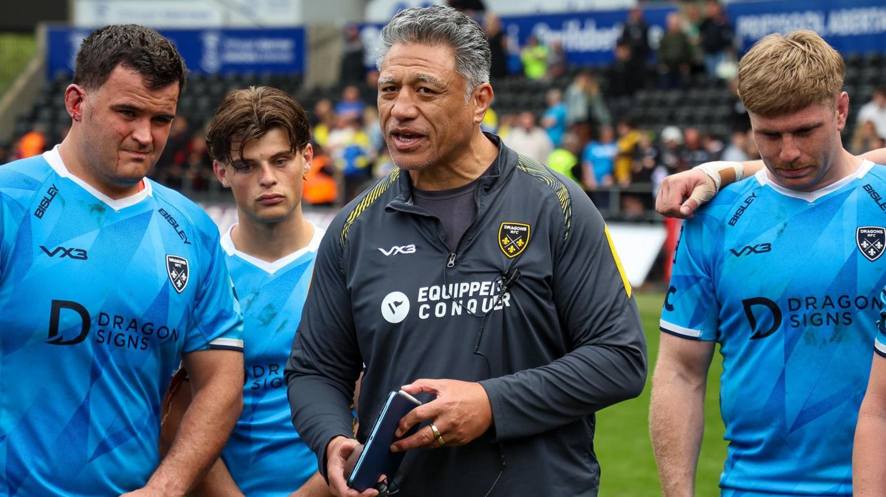 Dragons head coach Filo Tiatia addresses his squad after a defeat