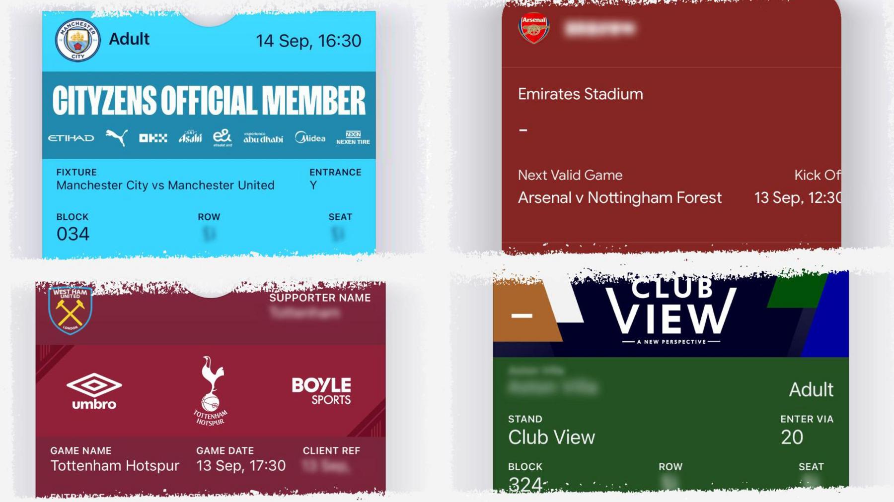 Screenshots of the four tickets purchased for Man City, Arsenal, West Ham and Everton.