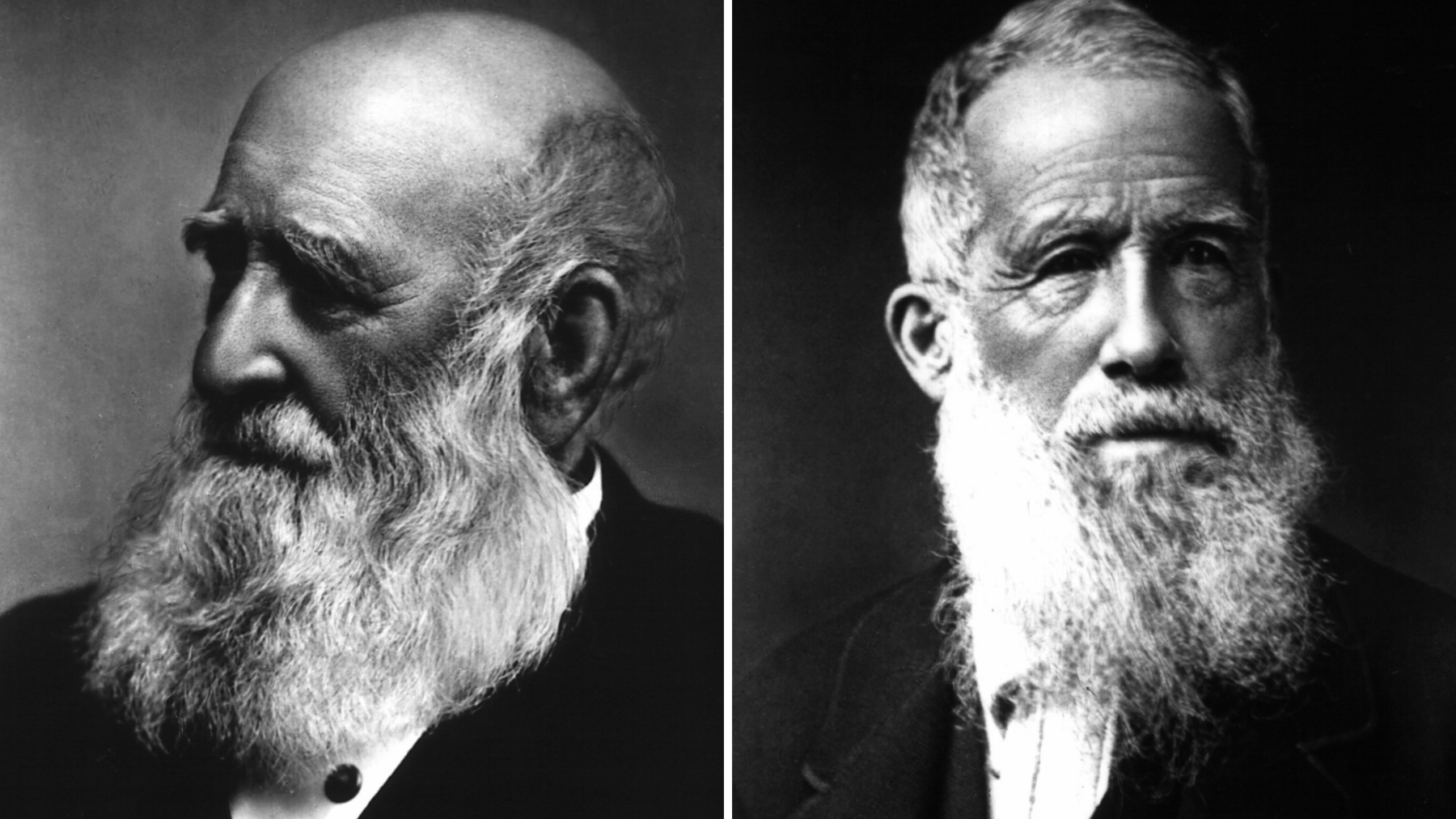 A composite photo edit combining two black and white portraits showing two smartly dressed men with long white beard