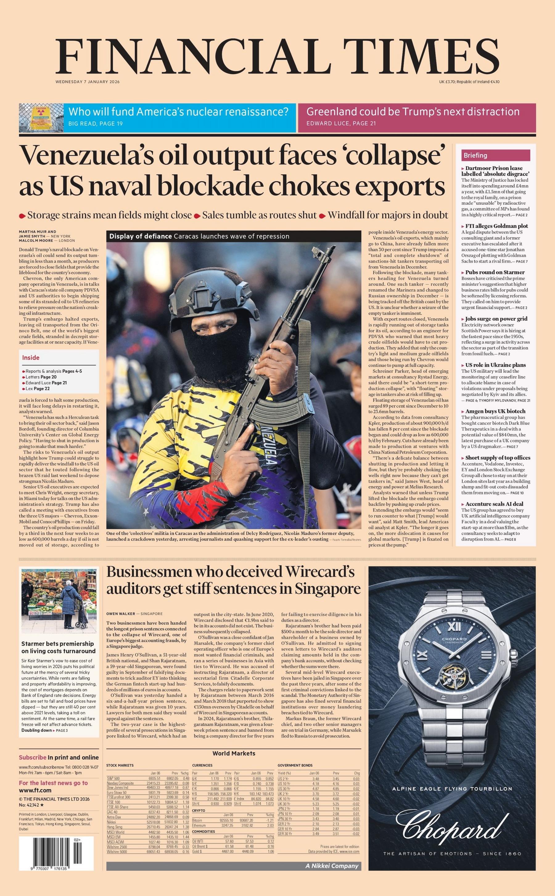 “Prodhimi i naftës në Venezuelë përballet me ‘kolaps’, ndërsa bllokada detare amerikane pengon eksportet”, thuhet në titullin kryesor të faqes së parë të gazetës Financial Times.