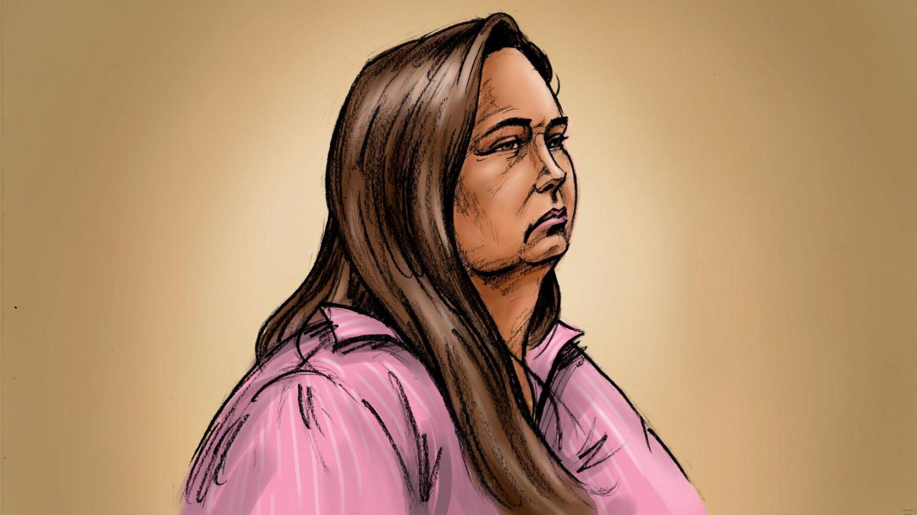 Court sketch of Erin Patterson, with long brown hair and a pink collared shirt with white stripes