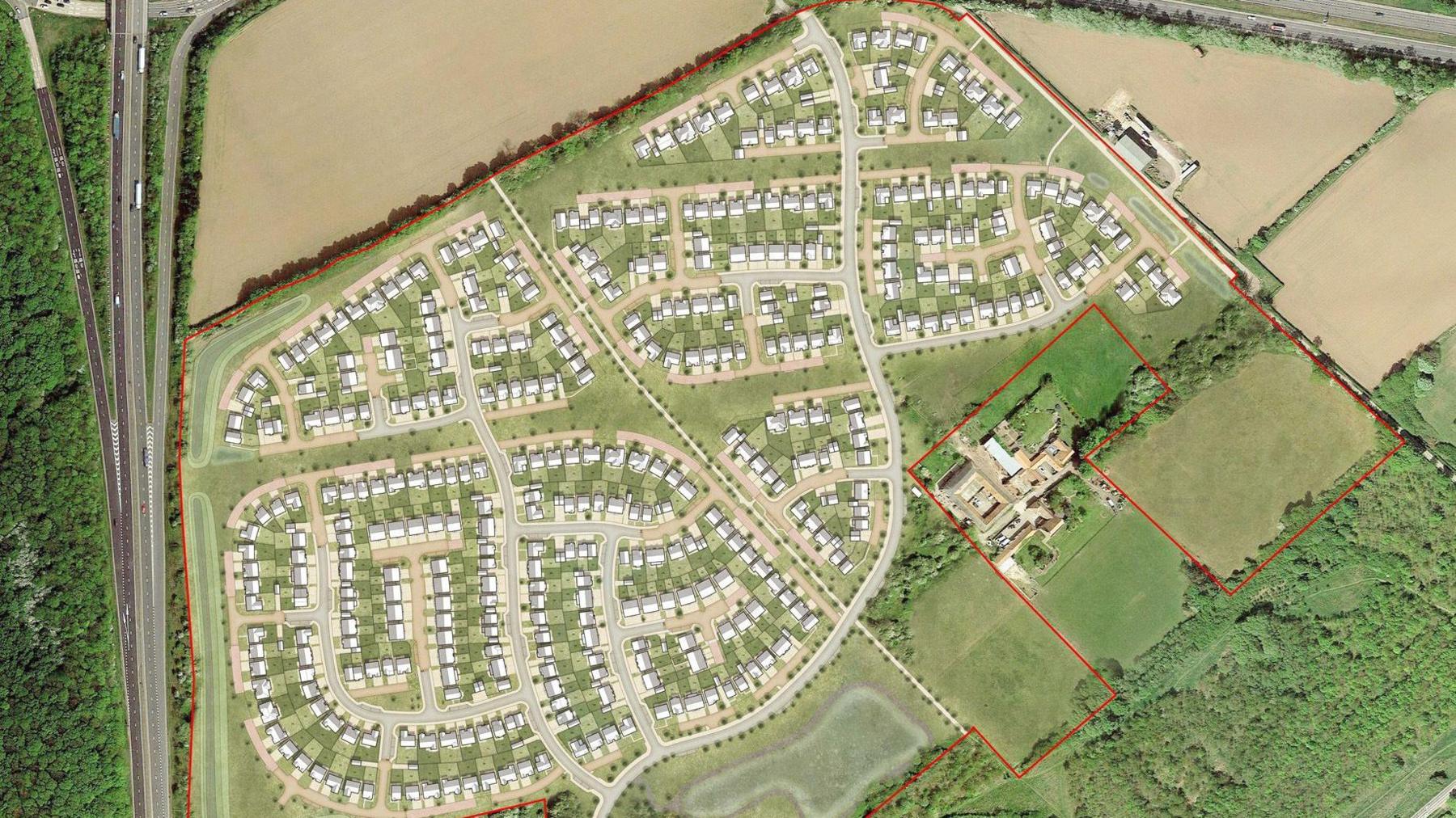 The site plan is an aerial view of a field with rows of houses plotted out. There is a main road to the left, with fields towards the right and bottom of the proposed development.