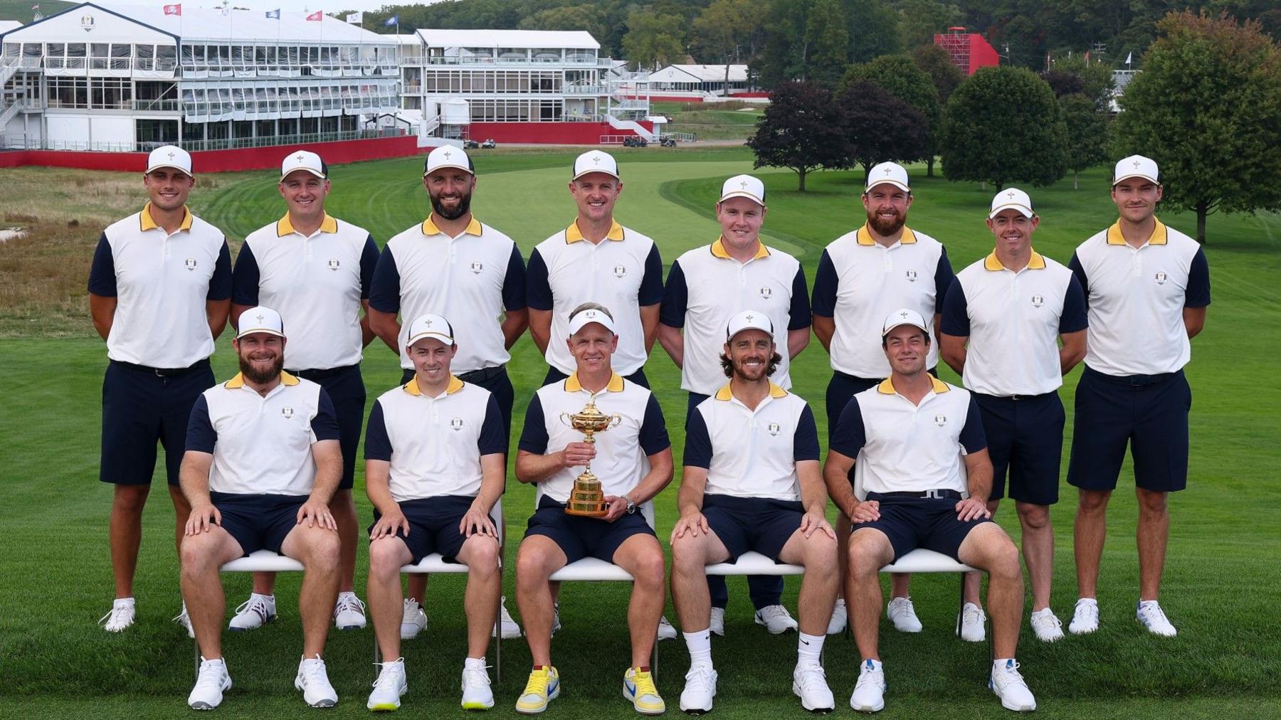 The Europe Ryder Cup team of Ludvig Aberg, Rasmus Hojgaard, Jon Rahm, Justin Rose, Robert MacIntyre, Shane Lowry, Rory McIlroy, Sepp Straka, Tyrrell Hatton, Matt Fitzpatrick, Tommy Fleetwood and Viktor Hovland pictured with captain Luke Donald holding the Ryder Cup trophy at Bethpage Black