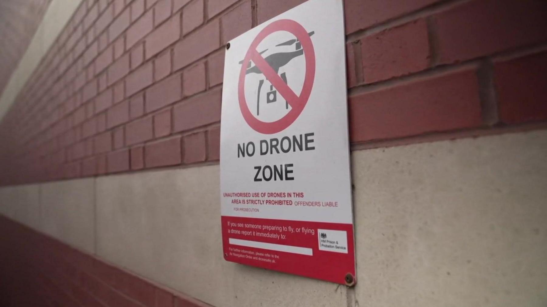 A "No Drones Zone" sign at Manchester prison. 