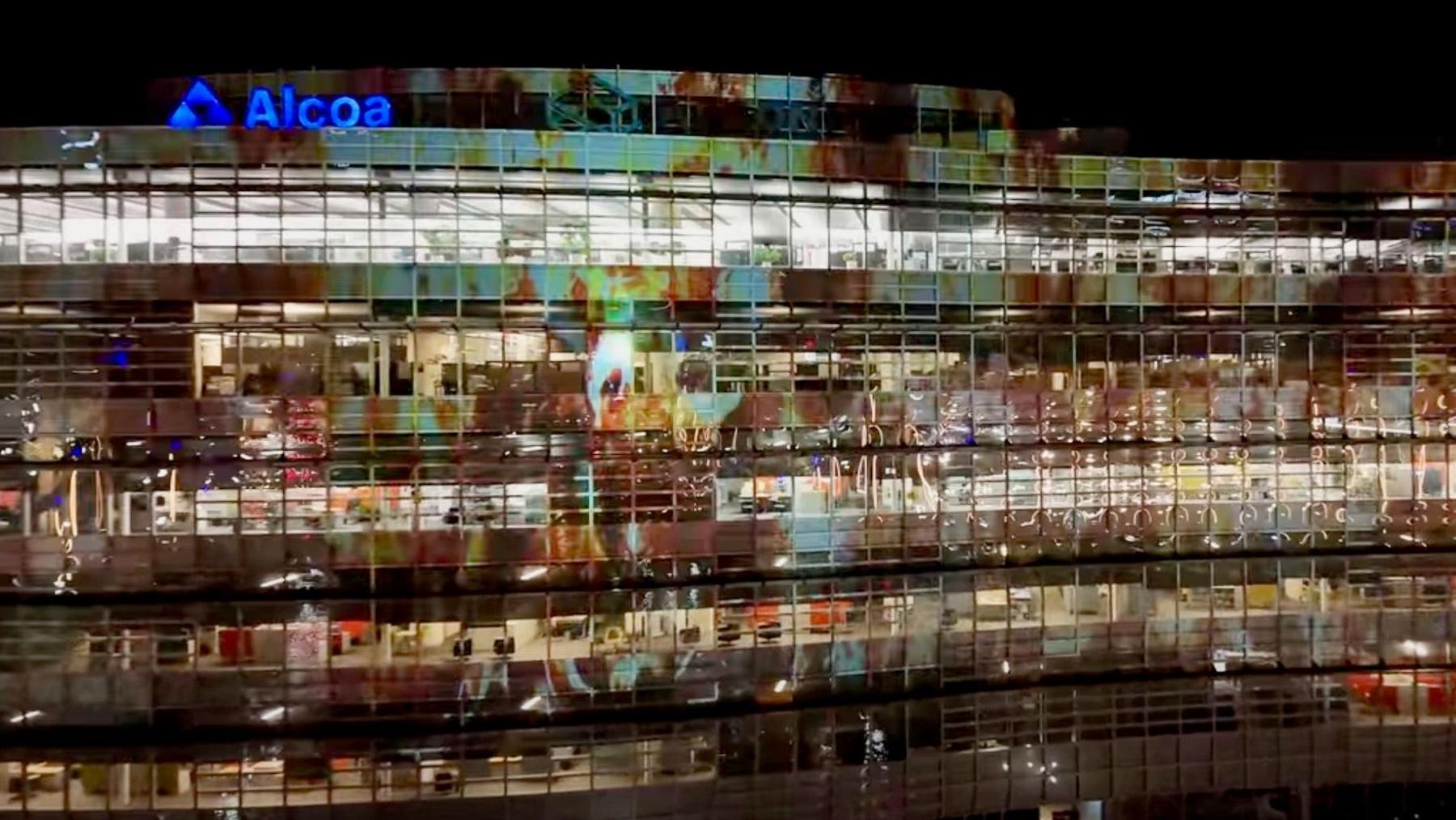 Video projection of flames on office building