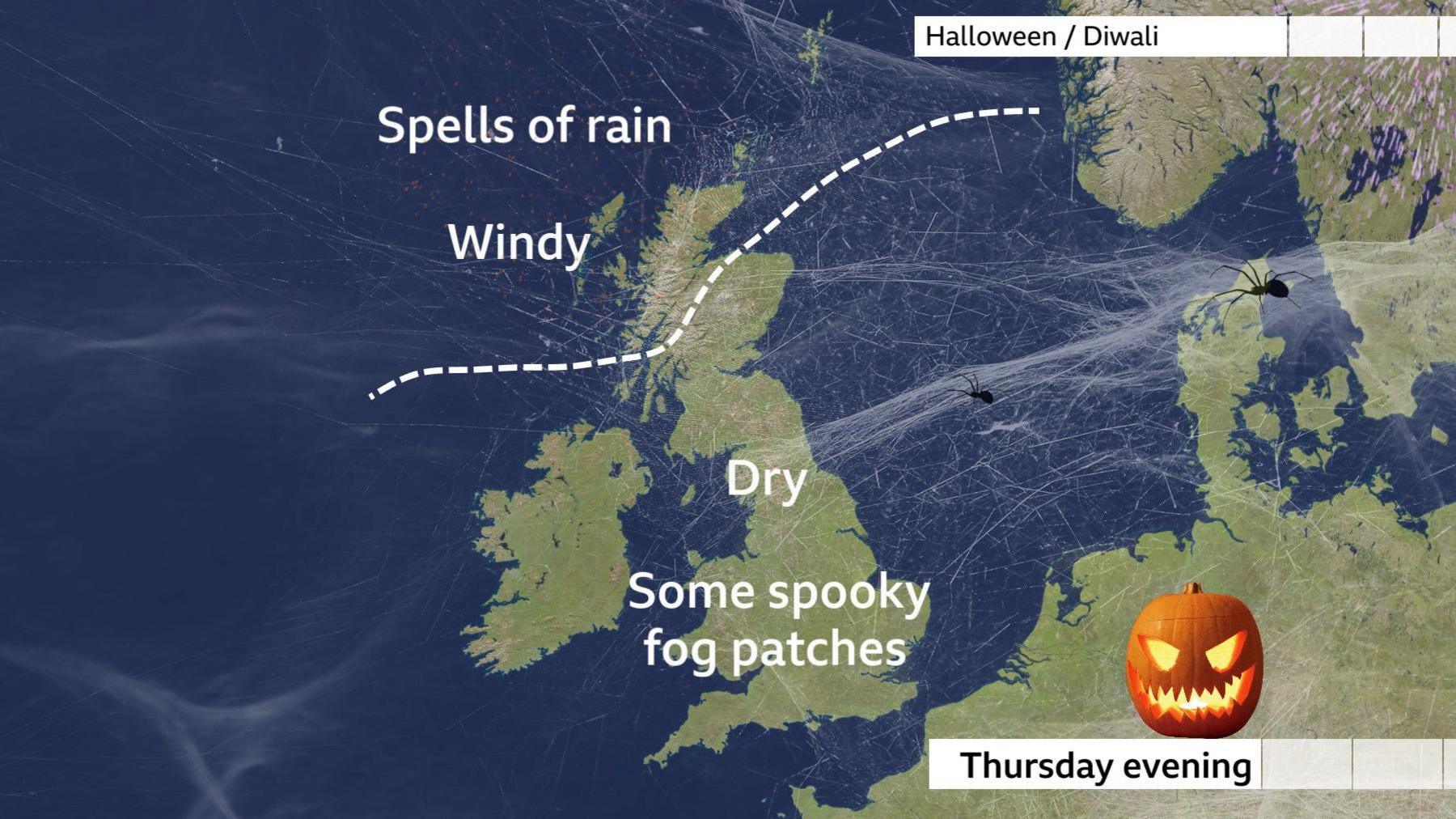 Summary map of the weather across the UK on Thursday evening. North and north-west Scotland is marked with spells of rain and wind. Rest of the UK is dry, with some spooky fog patches