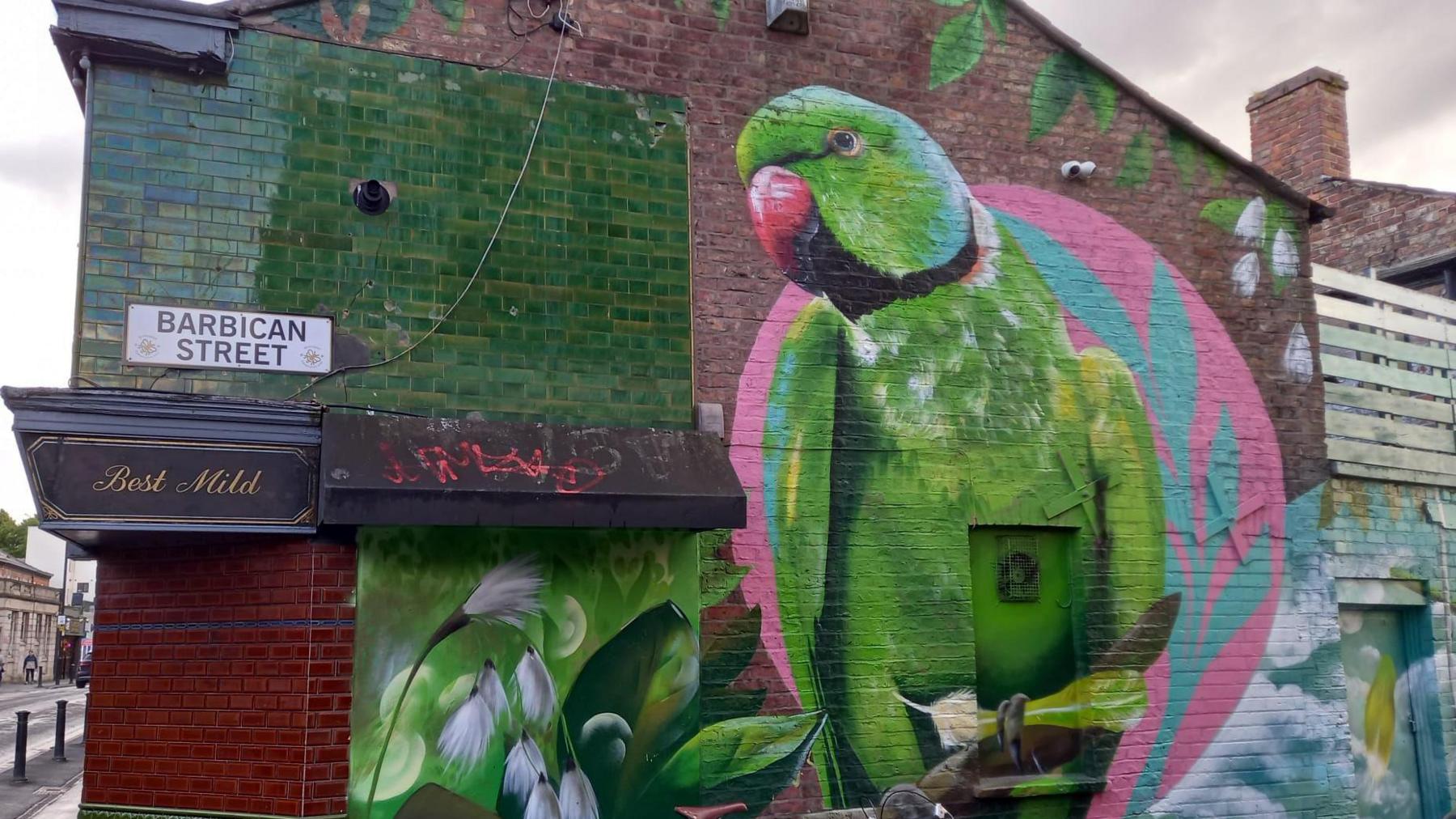 large mural of parakeets in Withington, Manchester 