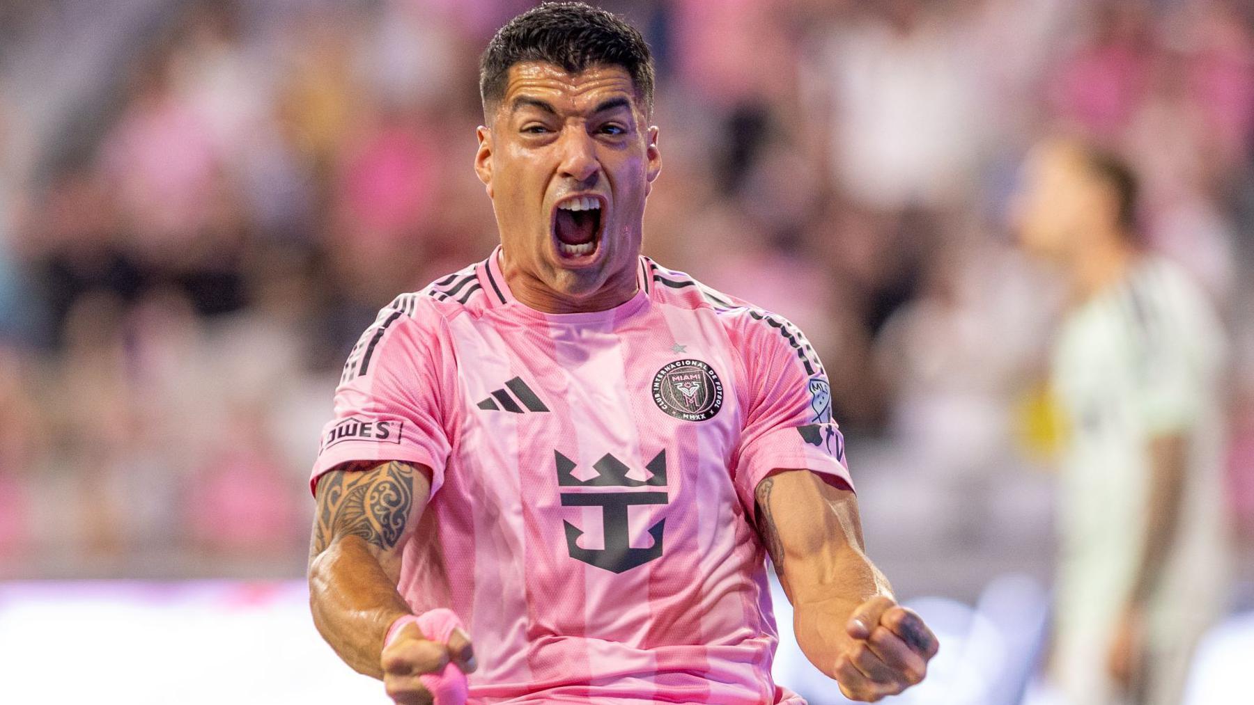 Luis Suarez celebrates scoring an equaliser for Inter Miami against FC Austin