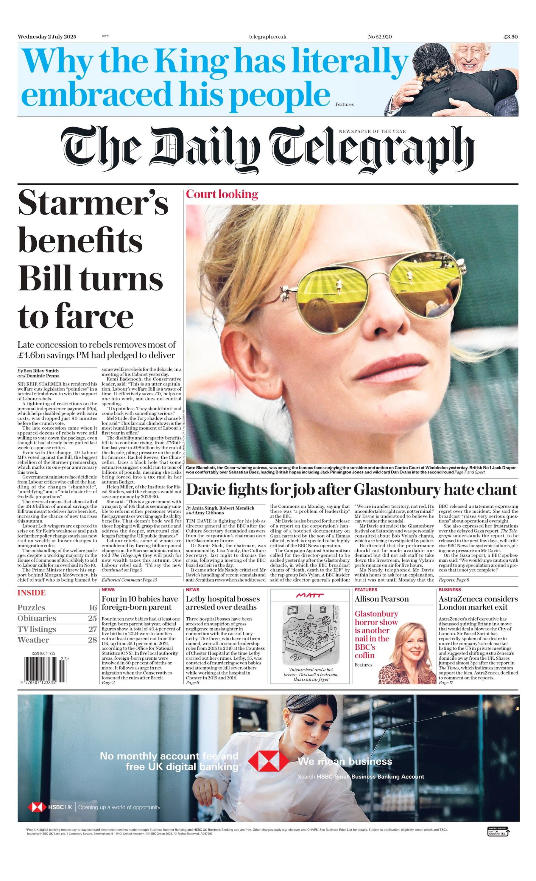 "Starmer's benefits bill turns to farce" reads the headline on the front page of The Daily Telegraph.