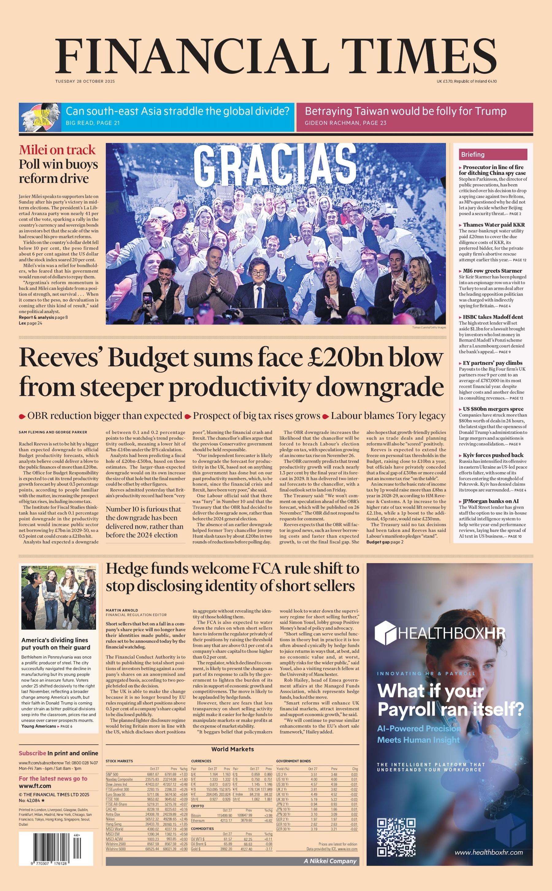 "Reeves' Budget sums face £20bn blow from steeper productivity downgrade" reads the headline on the front page of the Financial Times.