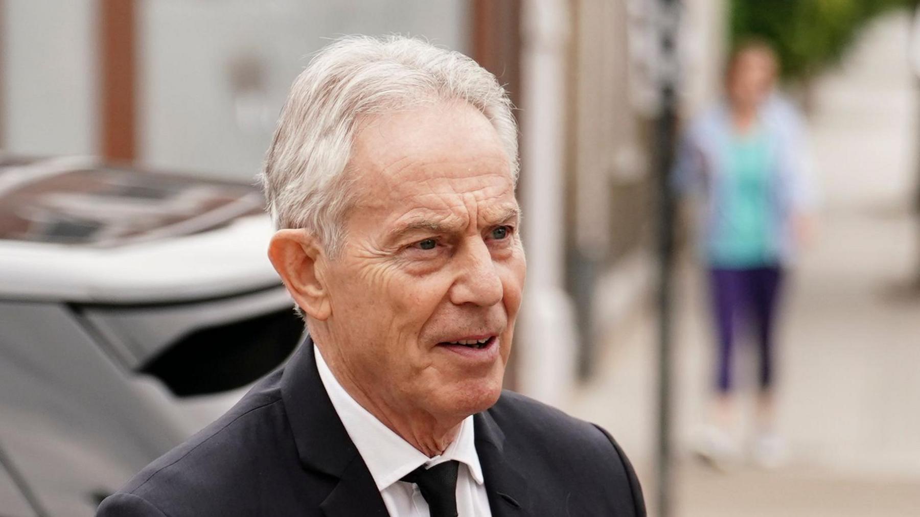 Former prime minister Sir Tony Blair arriving for the Requiem Mass to celebrate the life of Baroness Margaret McDonagh at St Boniface RC Church in Mitcham, London. Picture date: Wednesday July 19, 2023.