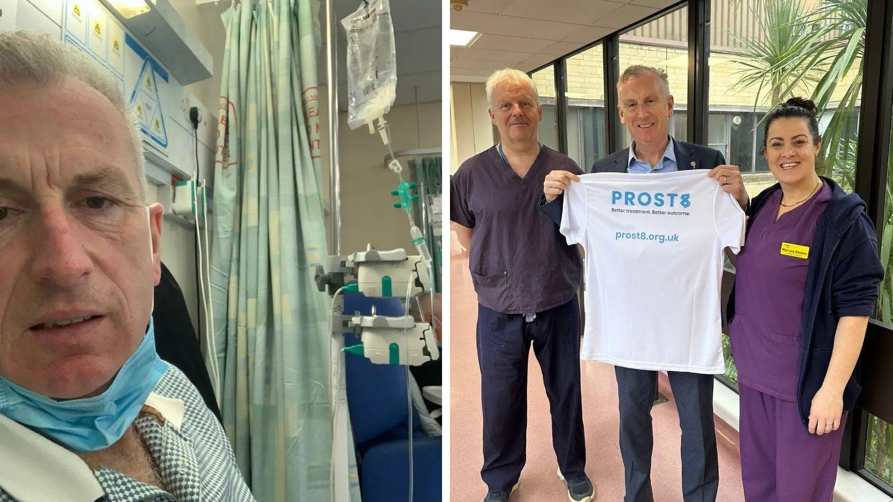 A composite of two images. On the left, Mr Emerson is sitting in a hospital bed, looking at the camera with a blue mask tucked beneath his chin. He is getting ready to undergo the ultrasound treatment. On the right is him following the treatment, smiling and looking much healthier. He is stood in a hospital in front of a large window beside two doctors on either side of him. He is holding up a white t-shirt that reads 'Prost8'. 