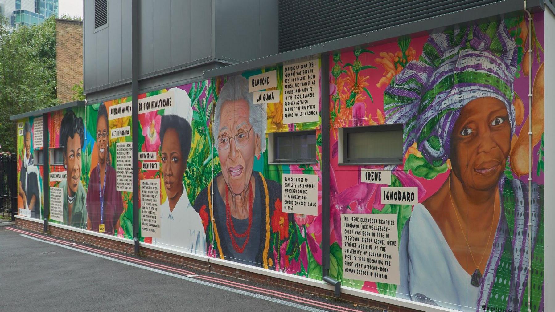 Full mural on a vibrant background showing the six women featured