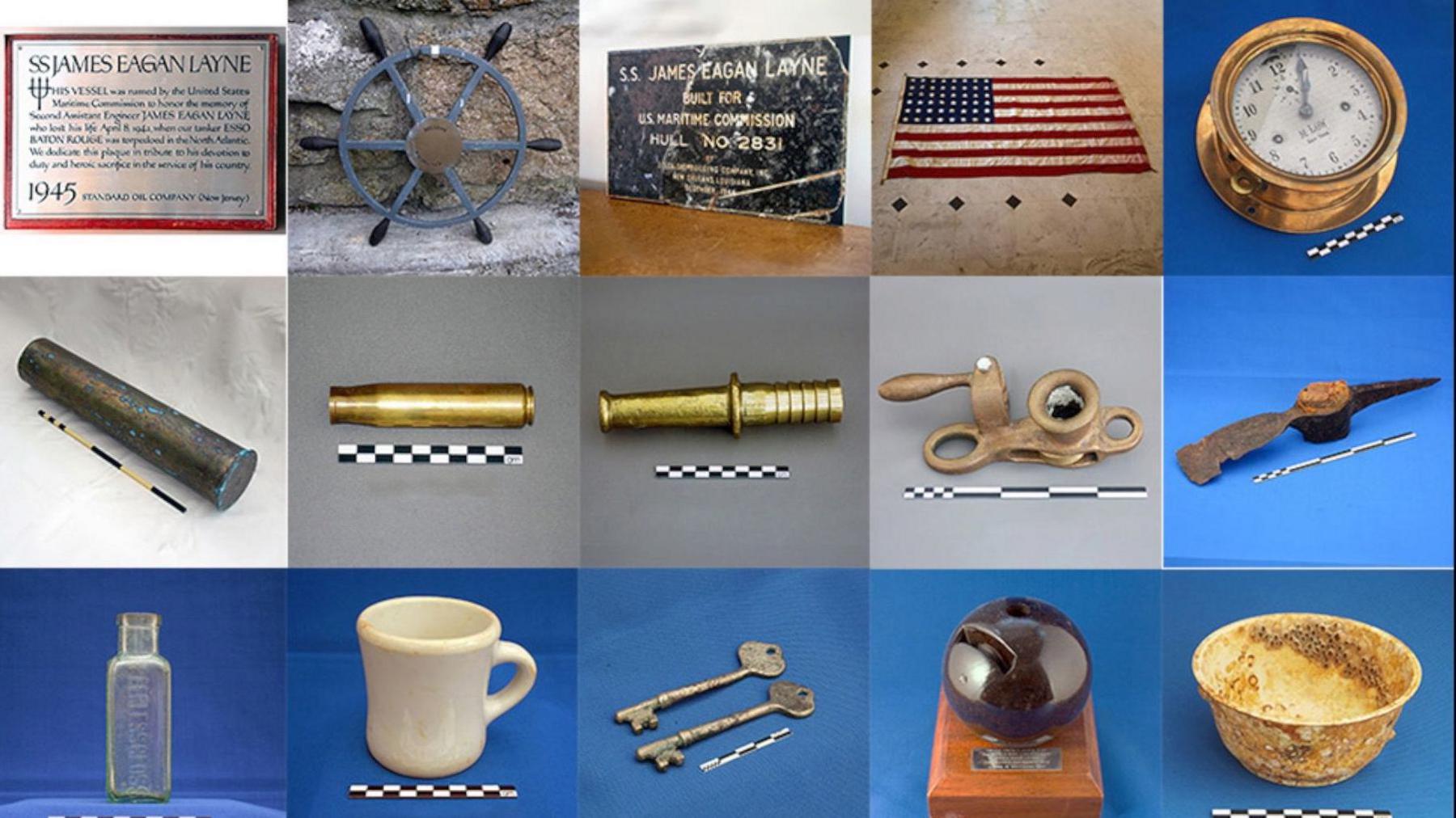 The photo shows all the different items divers have raised from the wreck. From keys to a mug, to the ship's clock and its wheel.