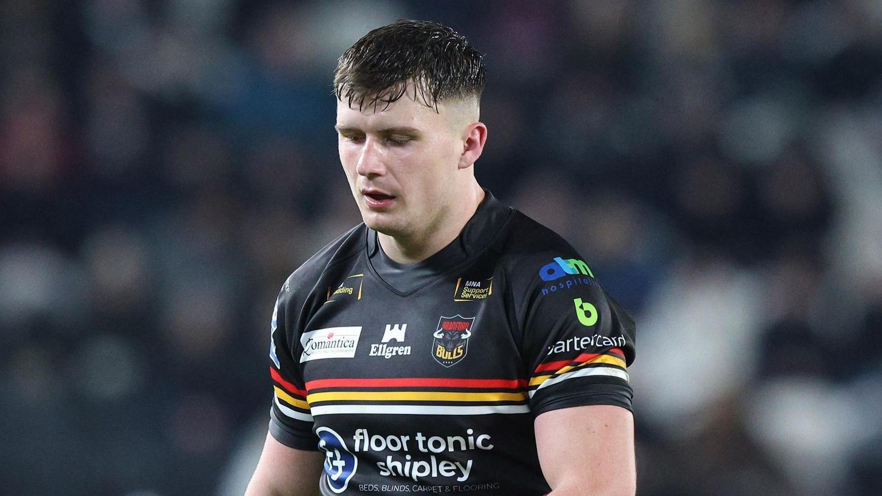 Connor Wynne looks down as he catches his breath while playing for Bradford Bulls against his old club Hull in February
