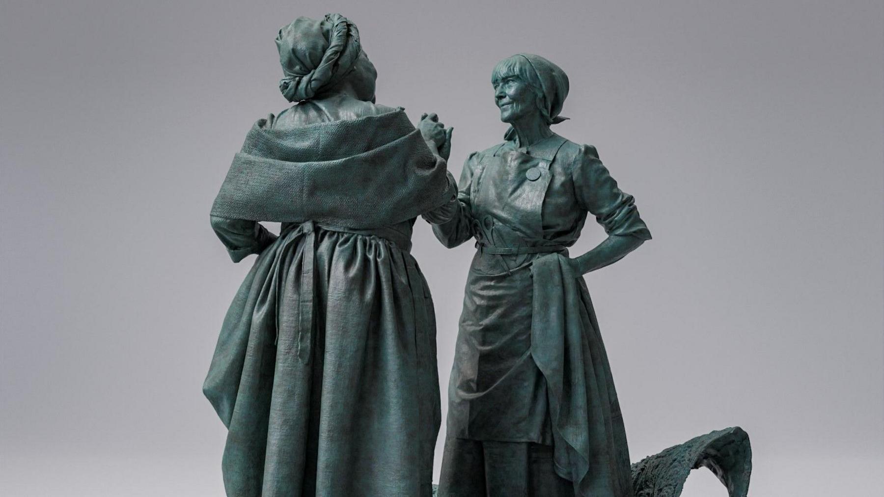 Design of statue showing two women holding hands while greeting each other in the 19th Century