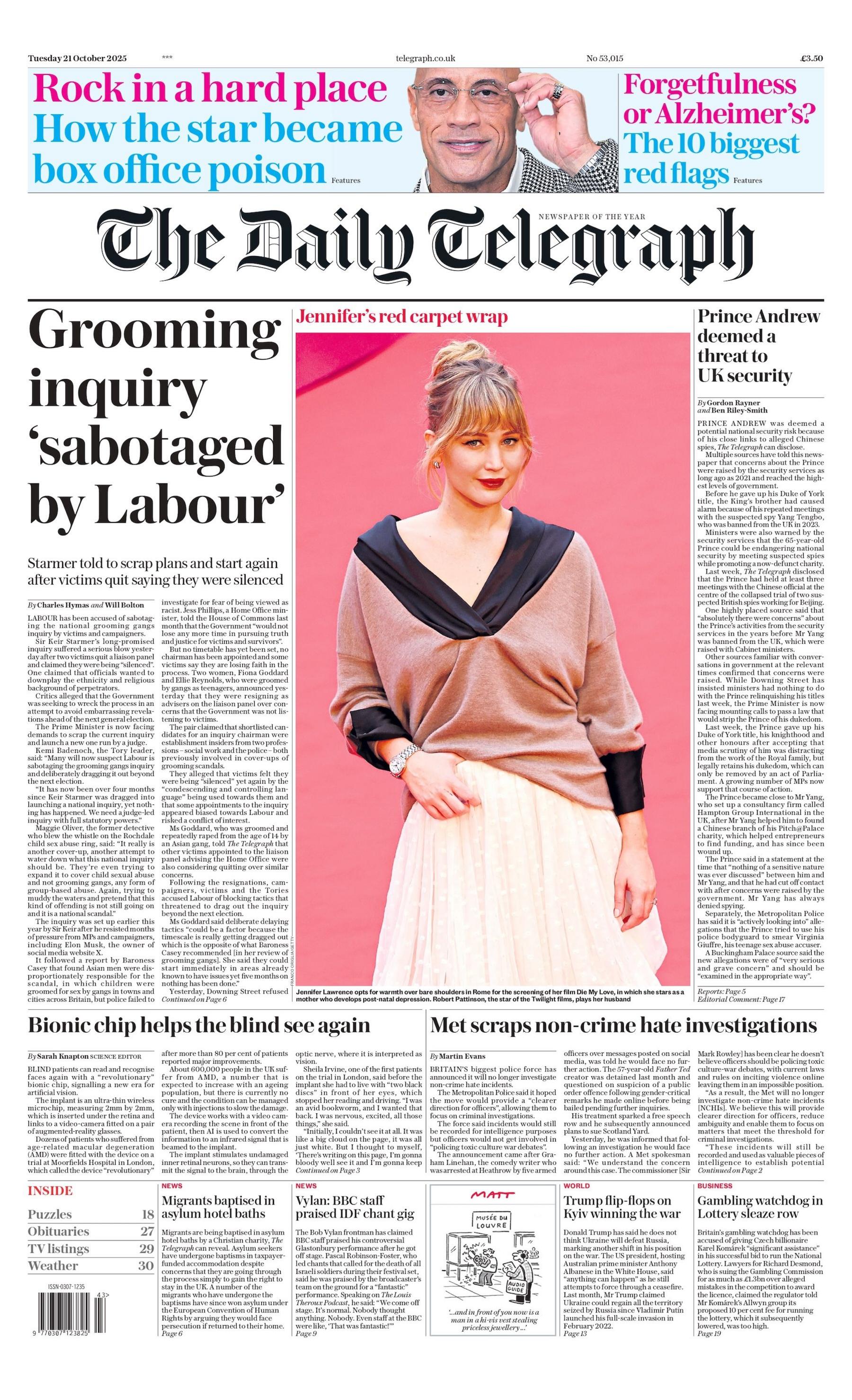 "Grooming inquiry 'sabotaged by Labour'," is the headline on the front page of The Daily Telegraph.