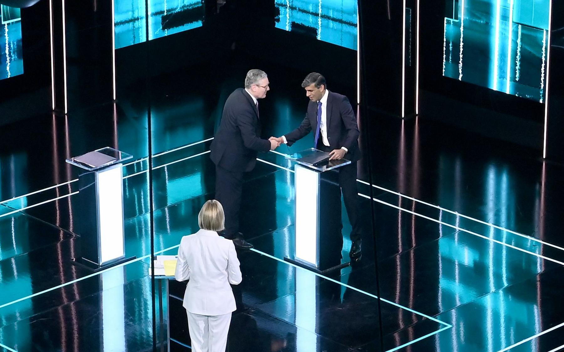 Handout photo provided by ITV of Prime Minister Rishi Sunak (right), host Julie Etchingham and Labour Party leader Sir Keir Starmer during the ITV General Election debate at MediaCity in Salford ahead of General Election on July 4. Issue date: Tuesday June 4, 2024.