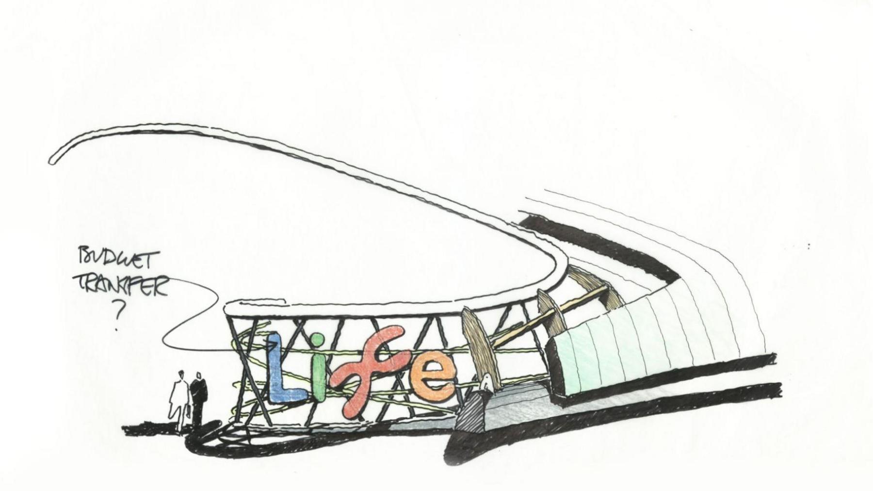 A sketch of the multi-coloured life science centre sign. The circular roof and metal cross work is also sketched out.