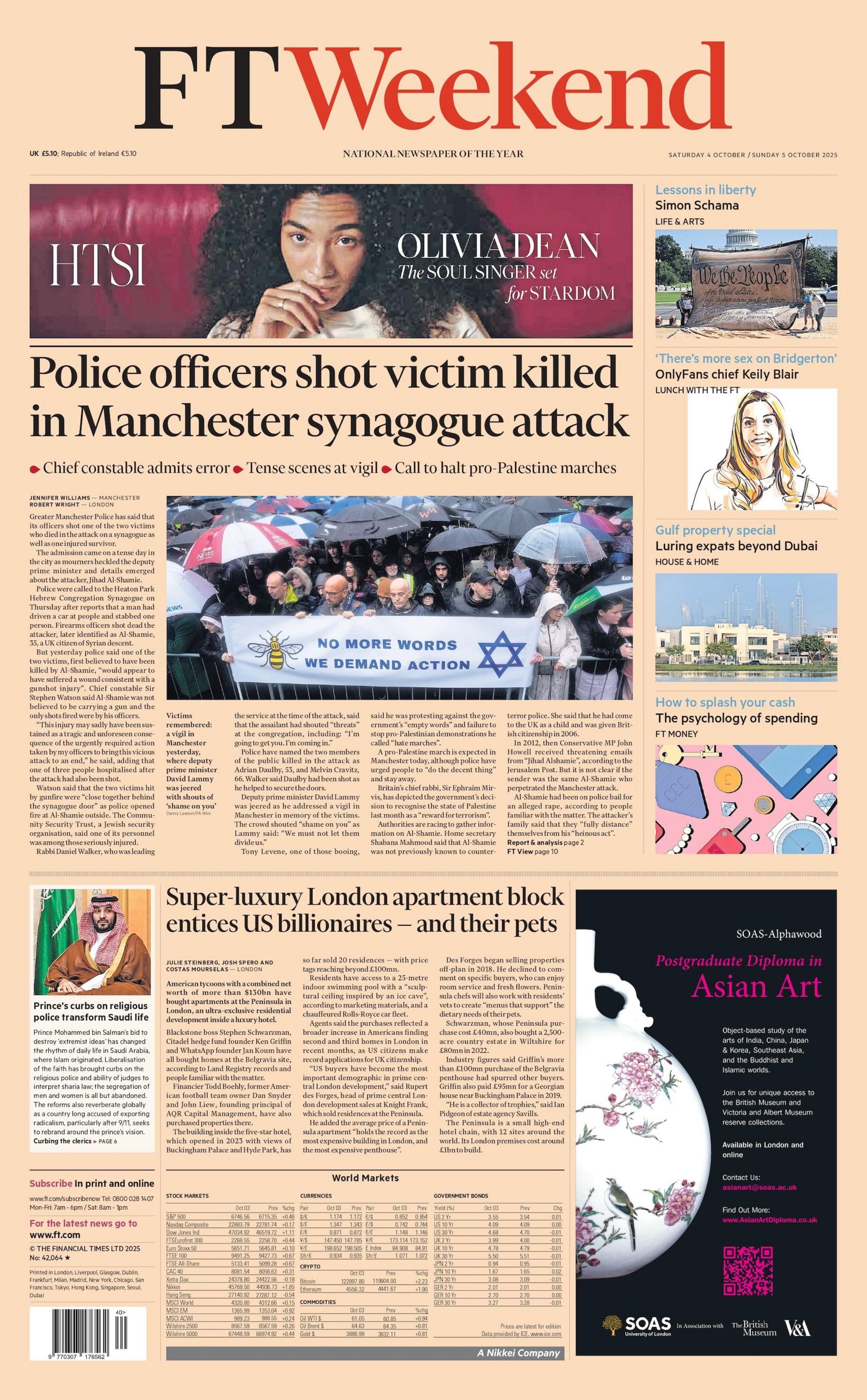 "Police officers shot victim killed in Manchester synagogue attack" reads the headline on the front page of the Financial Times.