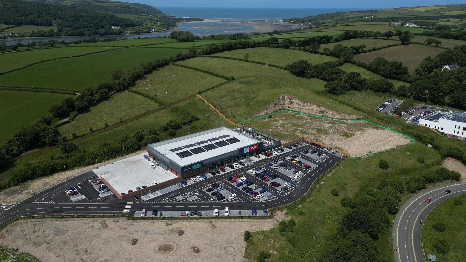 Drone image of Home Bargains in Cardigan by Dave Owen (BBC)
