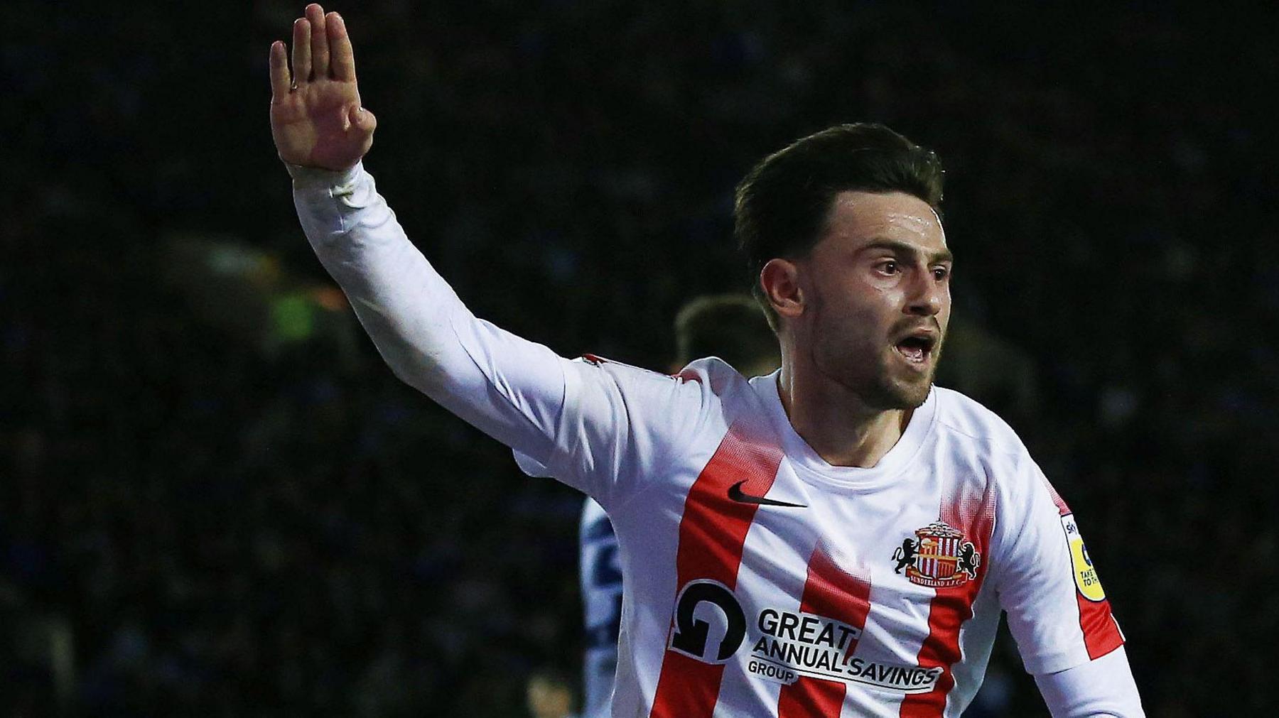 Patrick Roberts with his right-arm raised after scoring in the play-offs away to Sheffield Wednesday