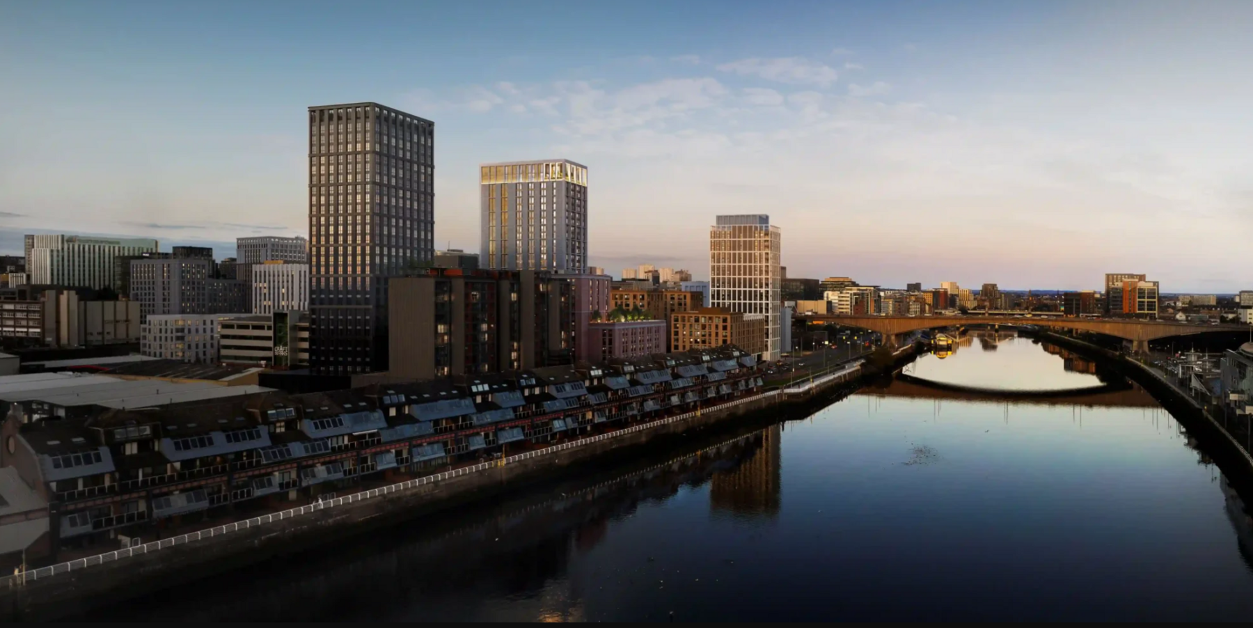 An artist's impression of changes to the River Clyde with three new buildings added - including a large skyscraper. 
