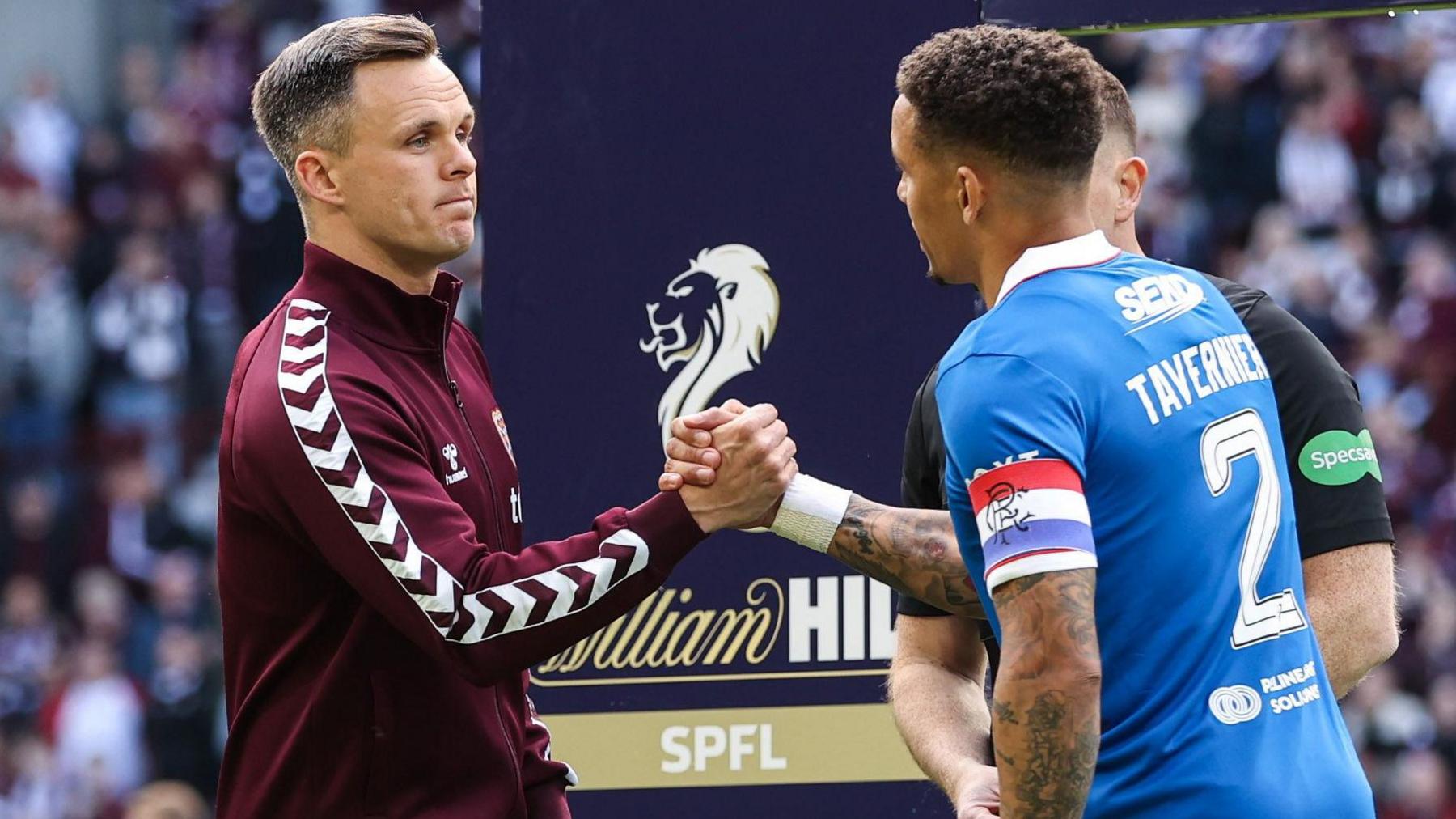 Hearts captain Lawrence Shankland with Rangers counterpart James Tavernier