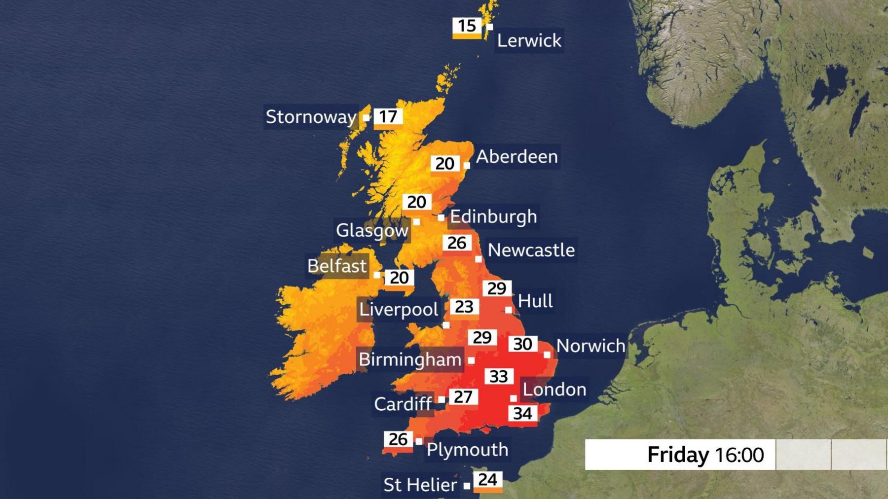 A weather map showing temperatures across the UK, ranging from 15C in Shetland to 34C in south-east England