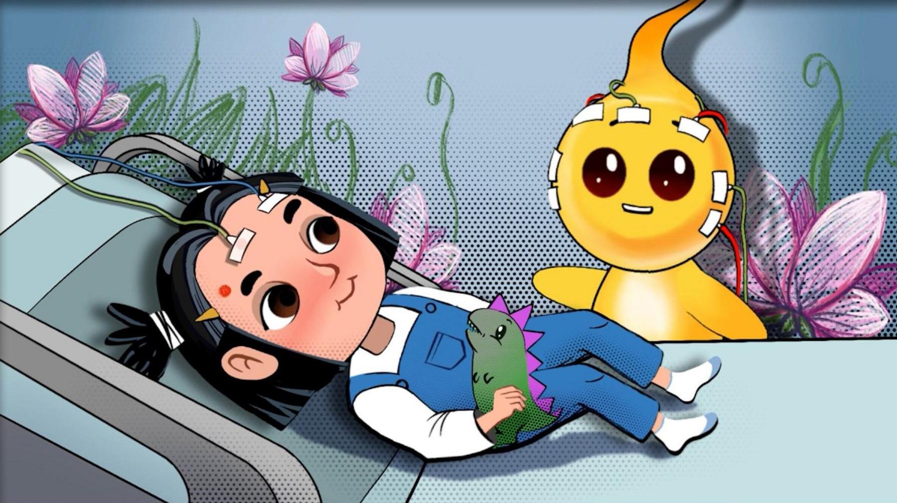 A colourful animation of a black-haired girl wearing blue dungarees holding a dinosaur toy and laying on a hospital chair. She has sensors attached to her forehead and is looking at a yellow animated person whose head resembles a flame.