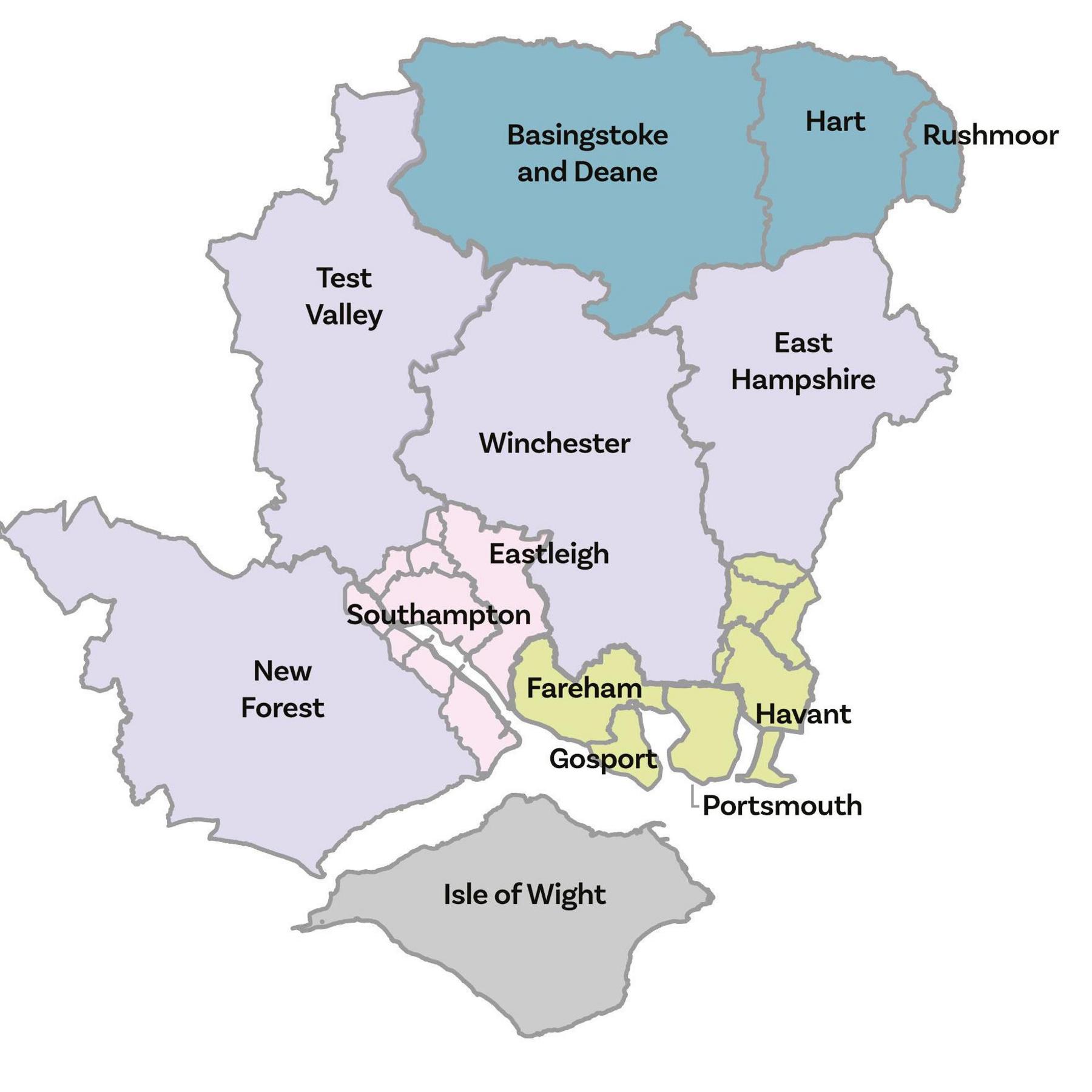 Map shows five councils: Isle of Wight in grey, New Forest, Test Valley, Winchester and East Hampshire in purple and Fareham, Gosport, Portmsouth and Havant in yellow. Eastleigh and SOuthampton are in pink. There are some areas marked marked yellow and purple which aren't part of Southampton, Eastleigh or Portsmouth now. 