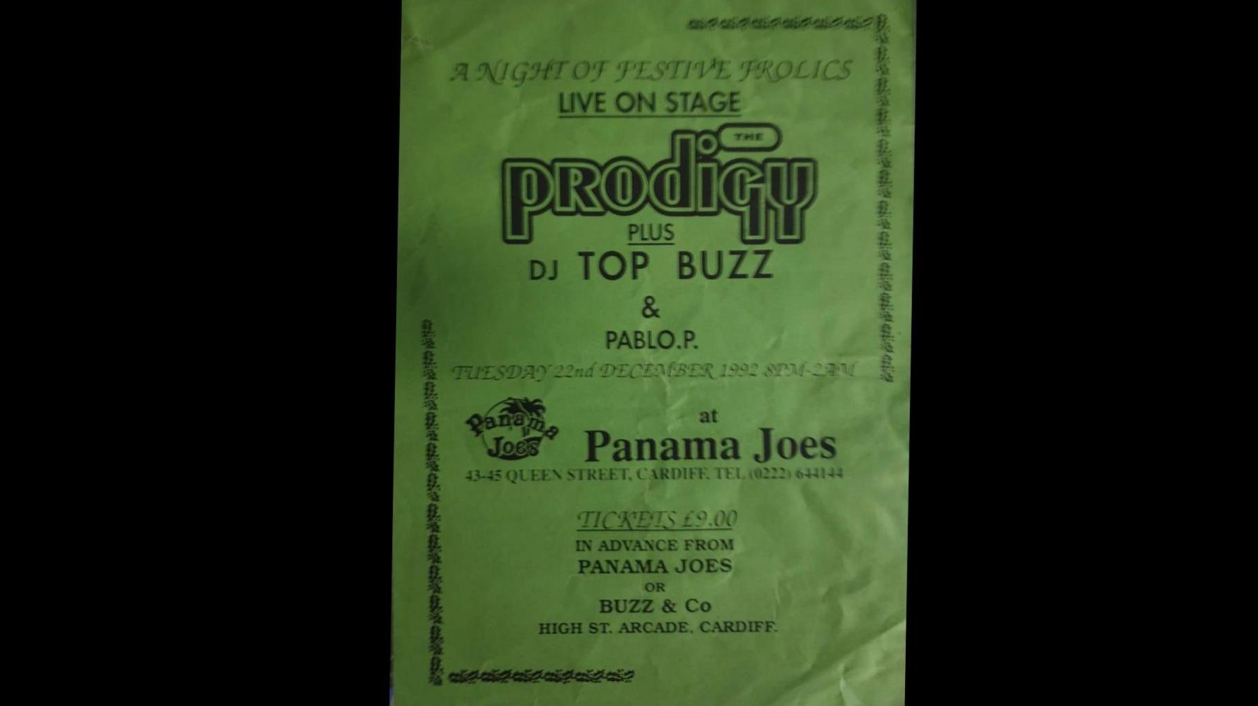 Flyer ar gyfer gig cyntaf Prodigy yn Ne Cymru yn 1992