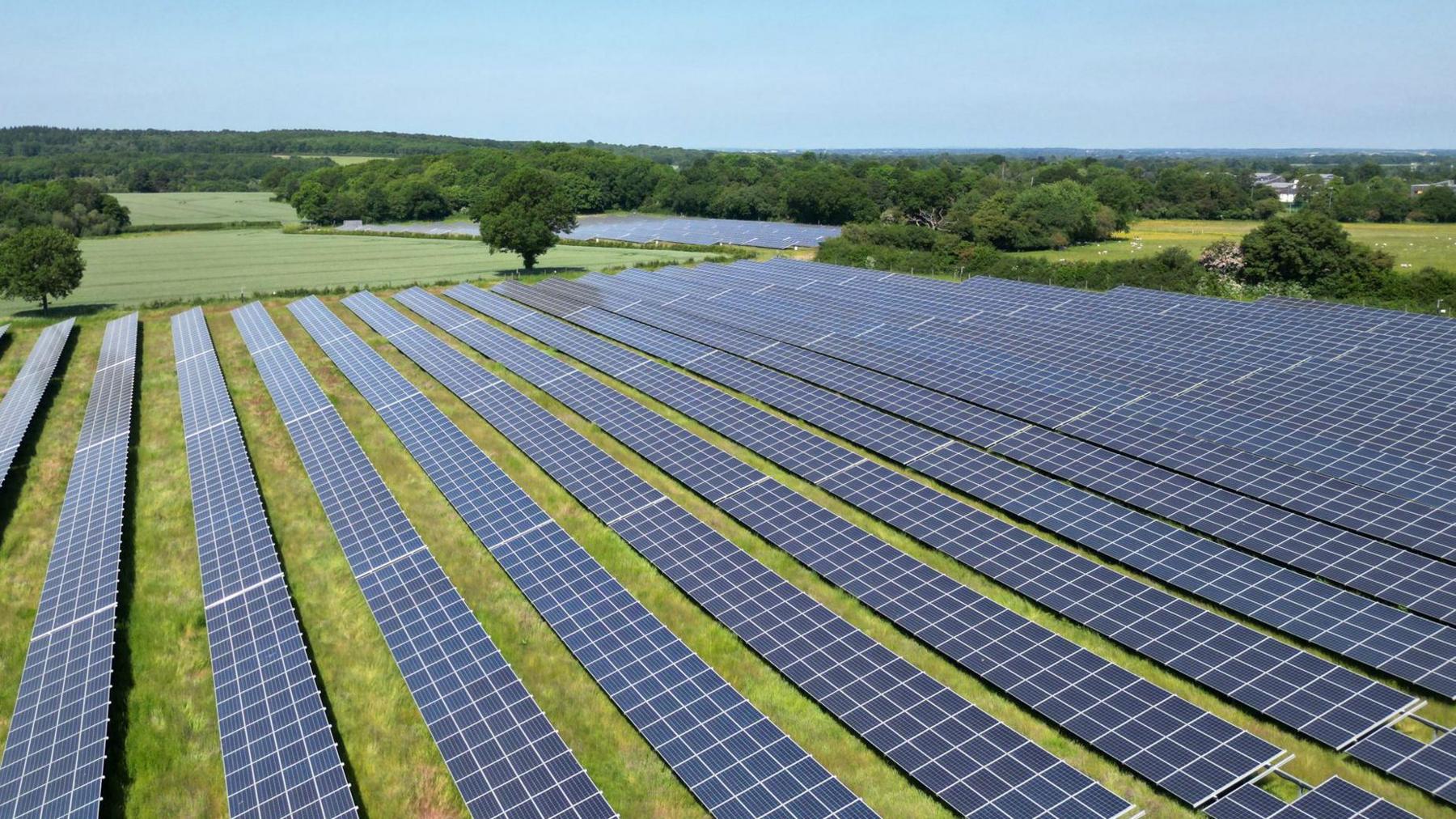An aerial view of a field full of solar panels.