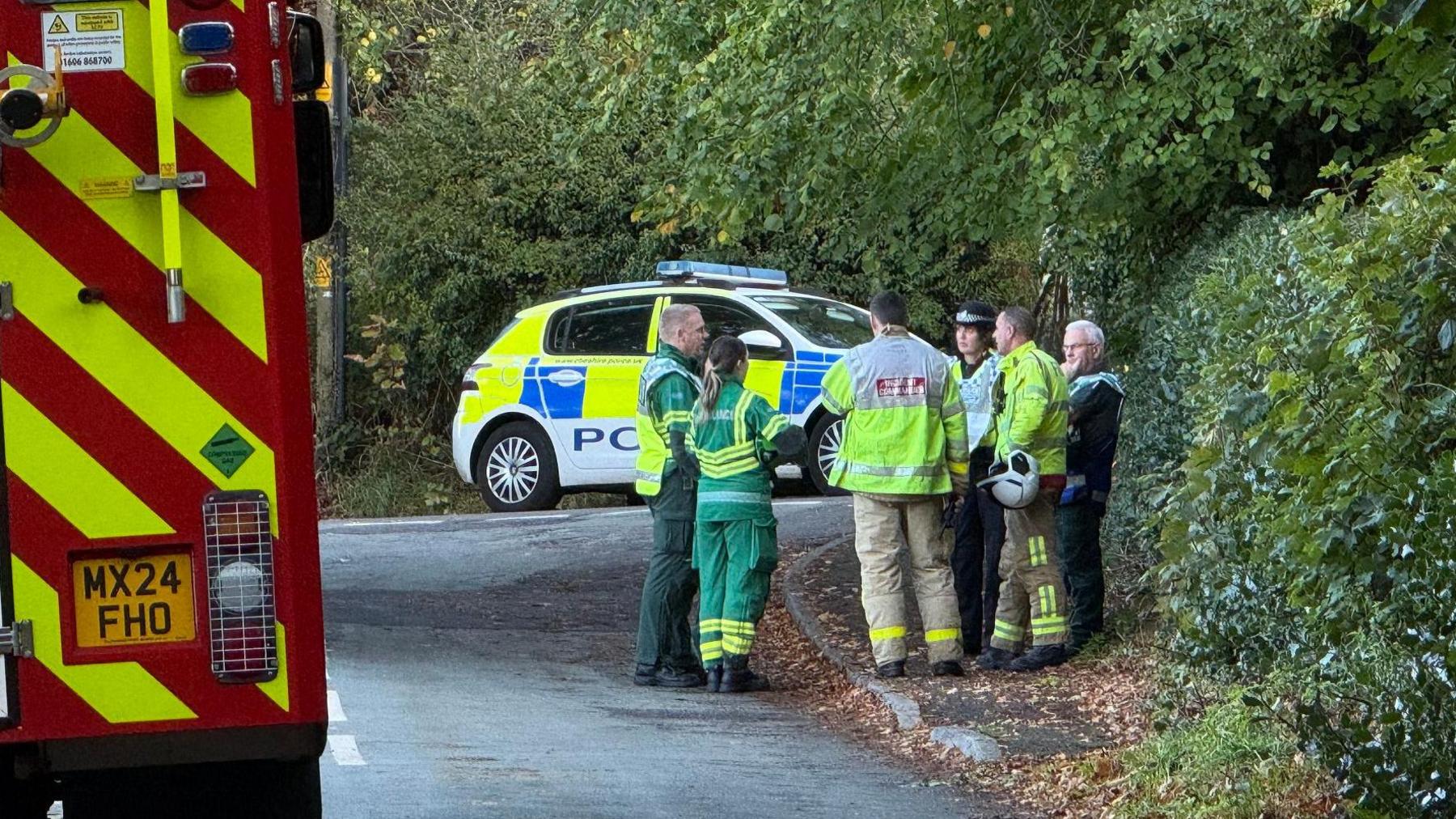 Six emergency service workers have a discussion on the pavement next to a hedge with a police car in the background and a large emergency service vehicle on the left.