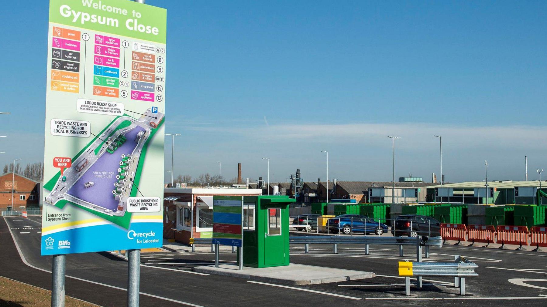 Leicester's Gypsum Close waste site, with a totem sign showing a map of bays