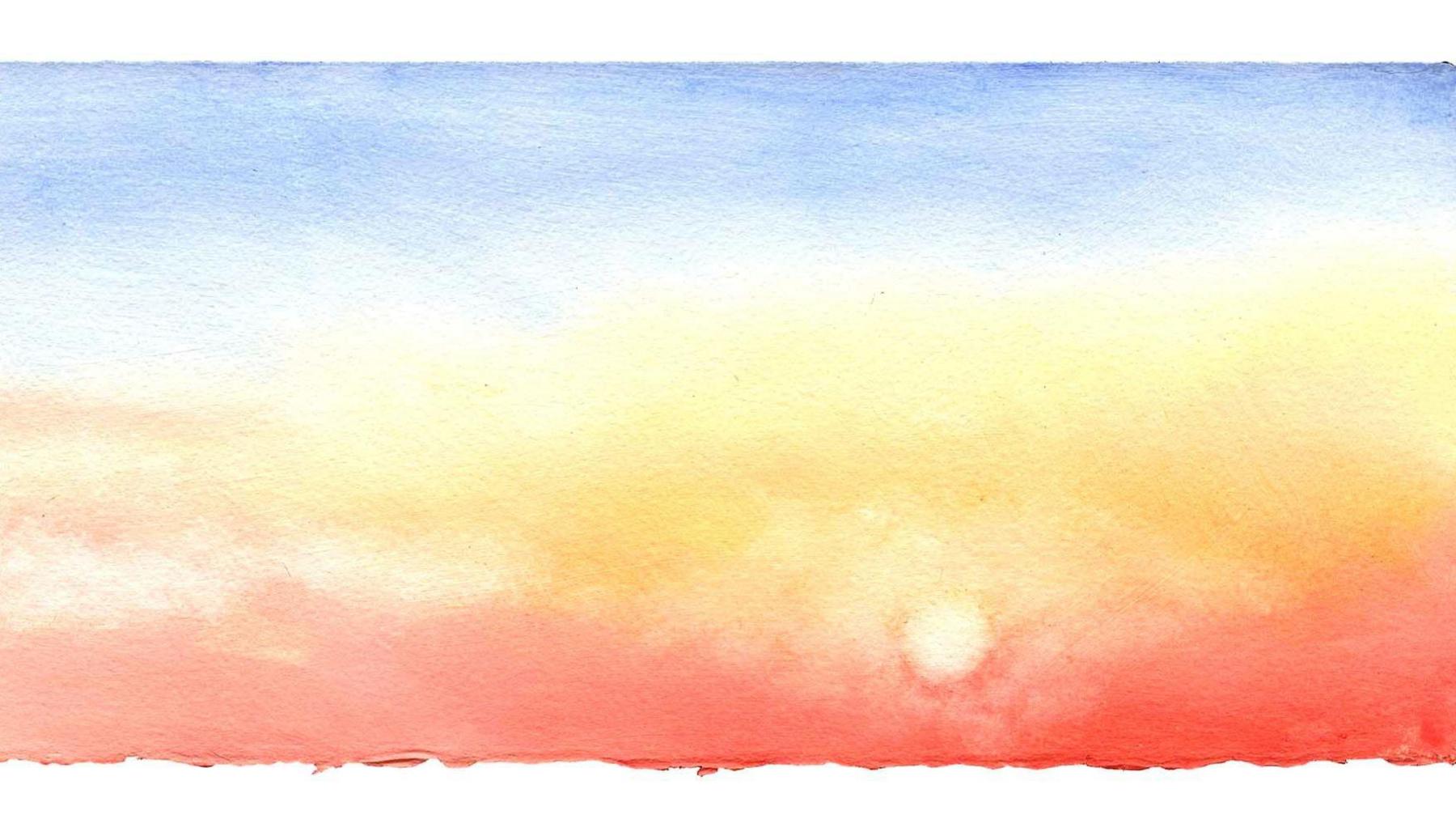 A watercolour painting of the sun and a bright sky with yellow and red colours.