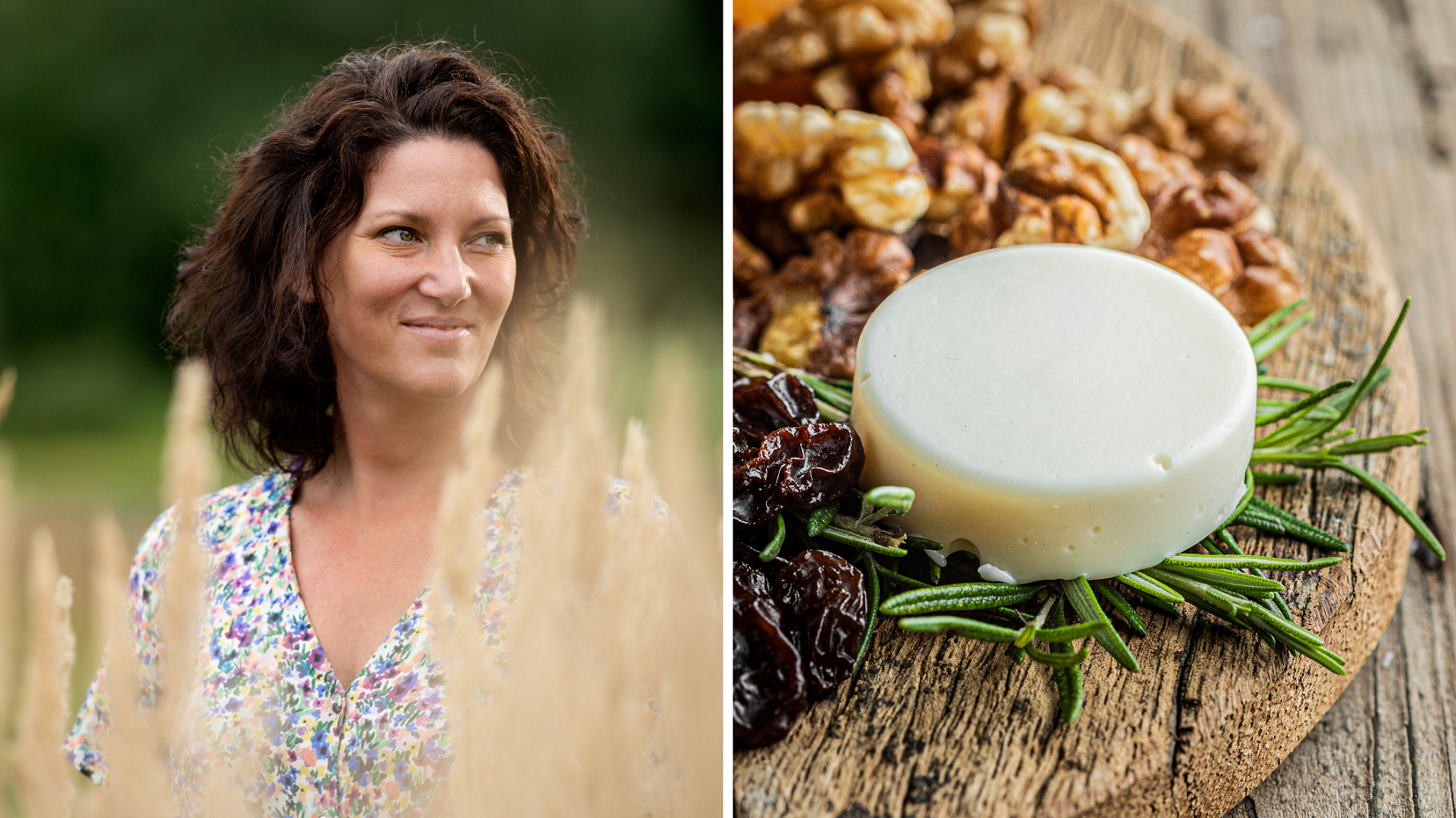 Hille van der Kaa stands in a field wearing a colourful dress (left) and (right) a Those Vegan Cowboys cheese sits on a cheese board surrounded by dried cranberries and walnuts.