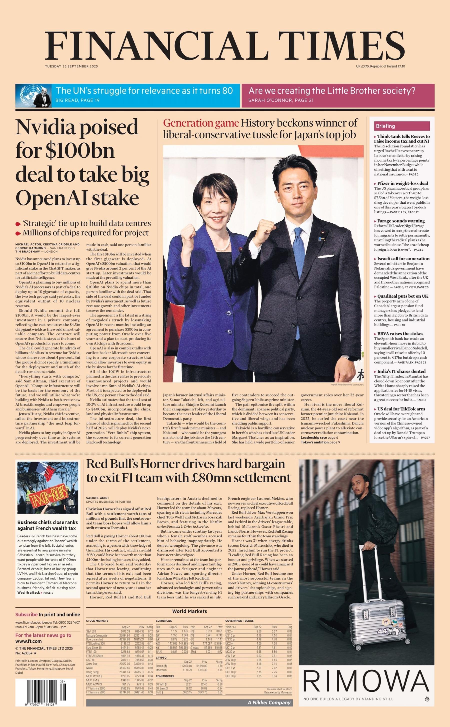 "Nvidia poised for $100bn deal to take big OpenAI stake" reads the headline on the front page of The Financial Times.