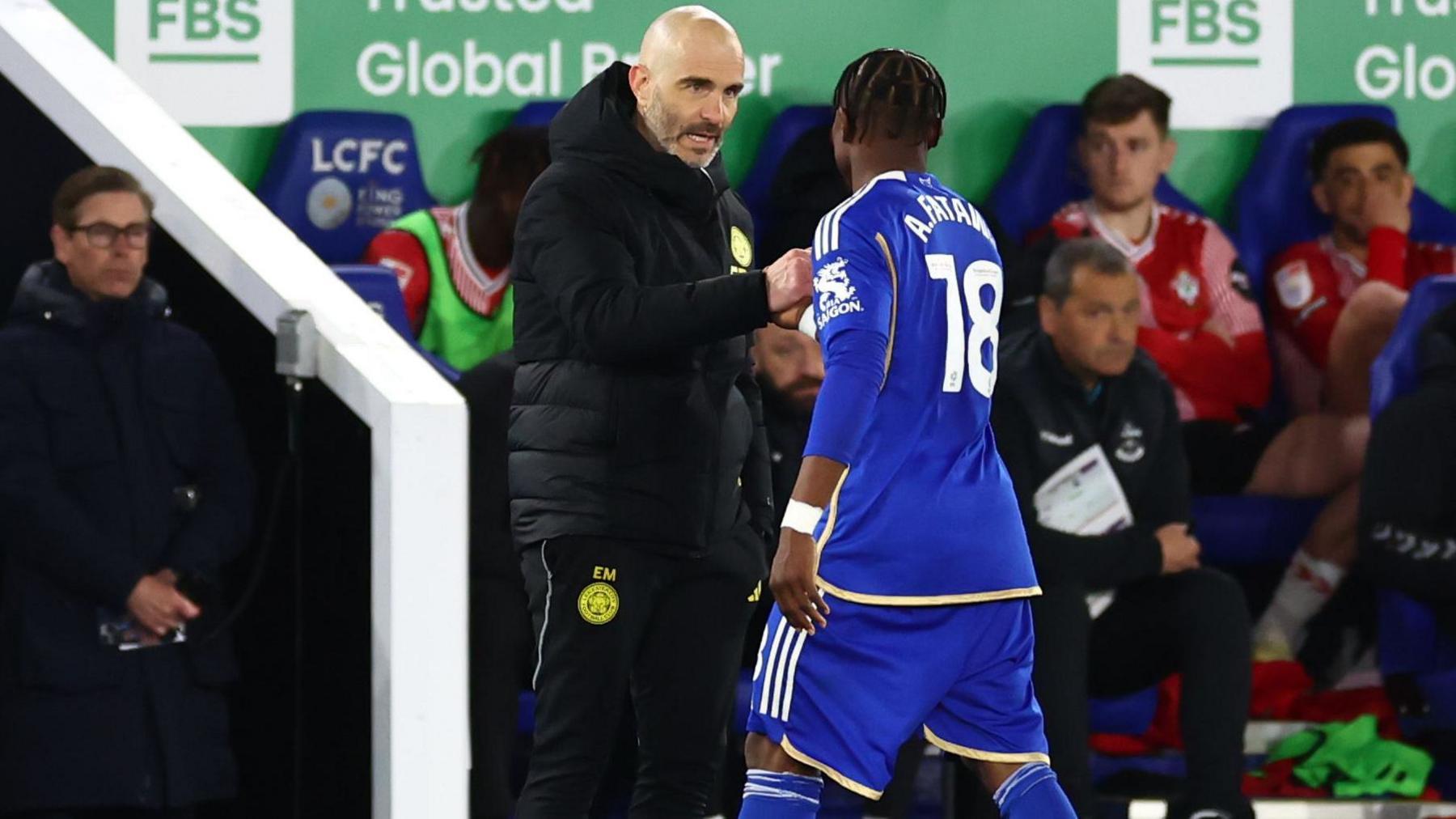 Enzo Maresca and Abdul Fatawu of Leicester City